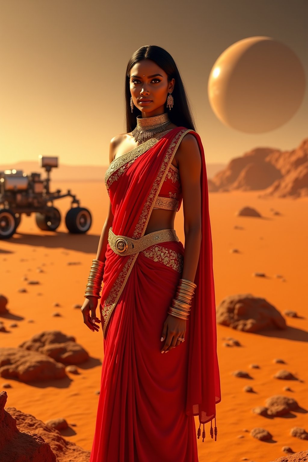 Mars Explorer in Traditional Attire
"A stunning Indian woman stands on the red, rocky surface of Mars, blending elements of her cultural heritage with futuristic technology. She wears a sleek, saree, with glowing neon accents, customized to reflect traditional Indian motifs, such as intricate gold patterns and a sari-like drape over her shoulder. Rover bihind Her,  revealing a radiant face with sharp, determined eyes. The harsh Martian environment contrasts with her beauty, while the backdrop features the dusty Martian landscape, distant planets, and a futuristic space colony on the horizon. The lighting is dramatic, with warm tones highlighting the red sands of Mars, creating a powerful, cinematic scene captured in ultra-realistic photography.",Futuristic 