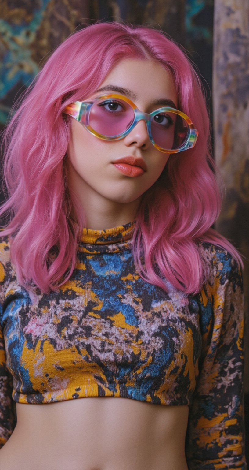 A vibrant, close-up portrait of a young woman with pink hair, wearing oversized, colorful sunglasses, and patterned turtleneck, abstract, midriff exposed, navel, textured background | pop art style, bold colors, detailed, highly stylized | photorealistic | studio lighting
,cinematic , film grain, Short telephoto focal length, shot on ALEXA 65