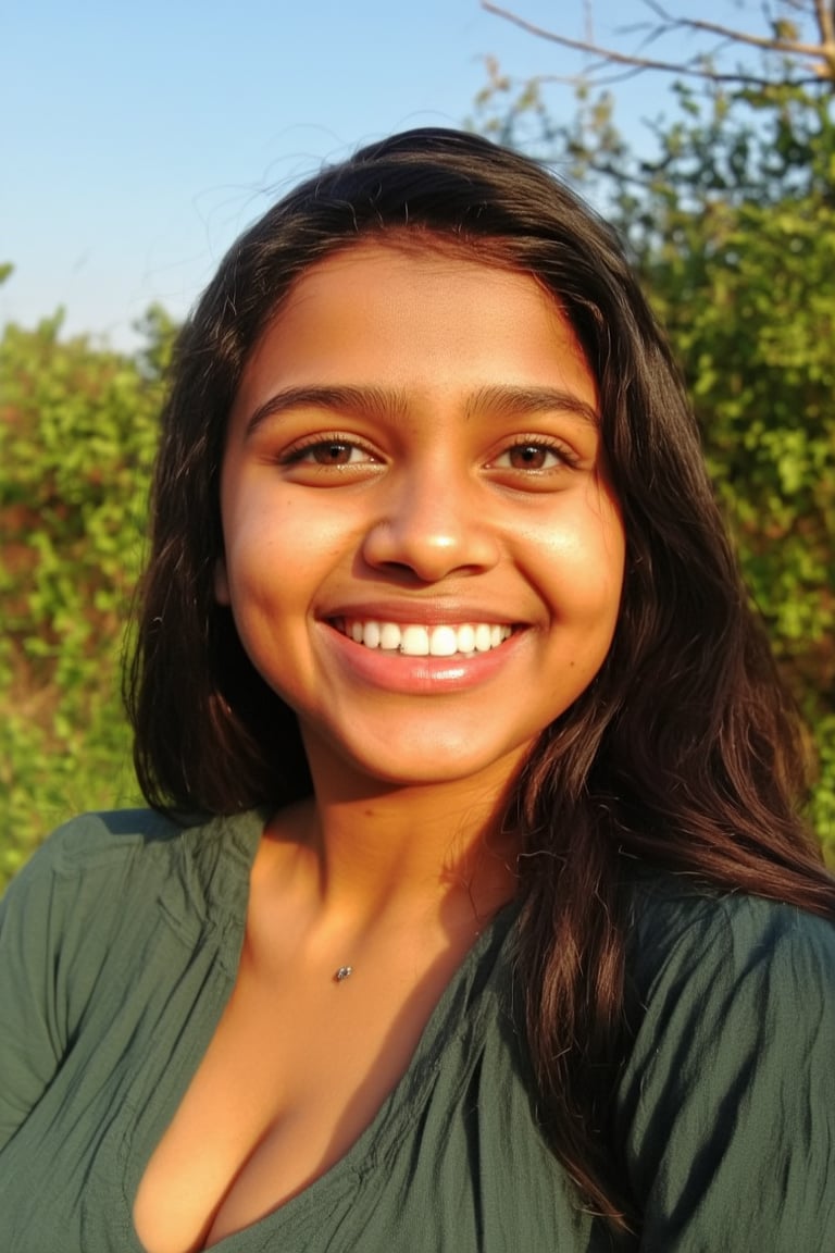 A stunning young woman with long, dark hair framing her heartwarming smile. Navel show, Her piercing black eyes sparkle as she gazes directly at the viewer, exuding a sense of confidence and joy. A small mole beneath her lips adds to her endearing features. She wears a casual shirt, relaxed in an outdoor setting where greenery surrounds her. The warm sunlight casts a gentle glow on her features, accentuating her radiant grin.