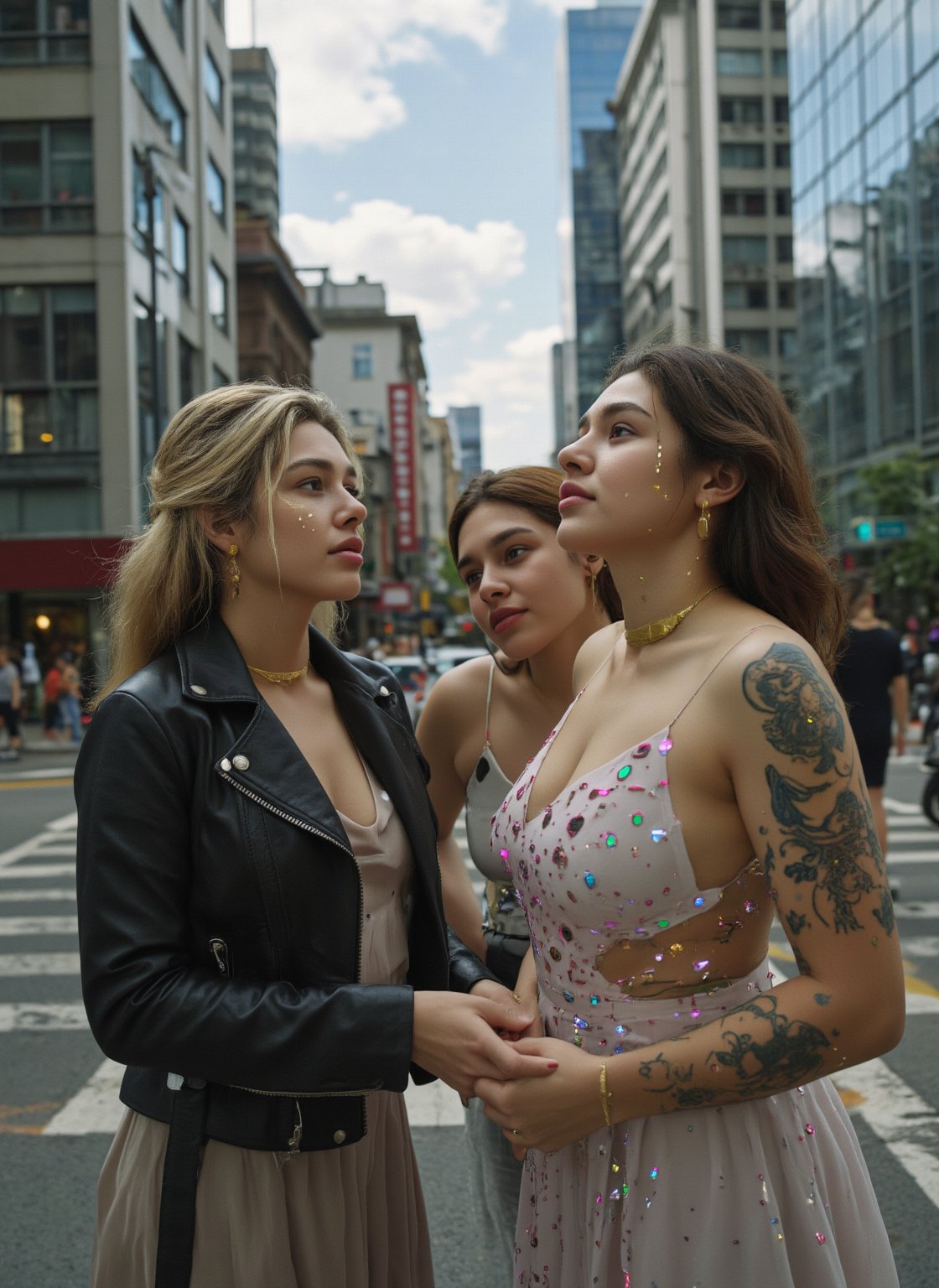 Three realistic women standing together in a modern city street. Each has distinct features: one with short blonde hair wearing a leather jacket, another with long brunette hair in a flowy dress, and the third with shoulder-length red hair, dressed in business attire. They are casually interacting, with skyscrapers and busy traffic in the background. The city is bustling with life, people walking by, and the sky is partly cloudy with a warm, natural glow illuminating the scene.


Create a highly detailed image of a fantasy girl blending elements of cinematic art and modern digital design. Navel exposed, midriff exposed, Her pale skin glows with a soft, ethereal light, intricately adorned with golden, cracked patterns that evoke the delicate art of kintsugi, tracing along her features with a mystical glow. These patterns intertwine with neon tattoos, forming geometric shapes that pulse with a magical energy. Her large, mesmerizing eyes shift between shades of deep teal and oceanic blue, as if holding the mysteries of the sea within them, drawing the viewer into her intense, calm gaze.
..,(her hand crackling with huge electricity power as she gazes directly at the camera)),futurediff, cyborg, robot,noc-futuristic