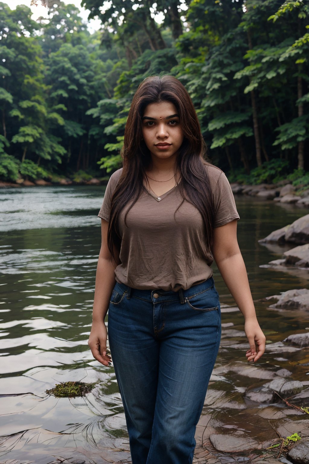 Woman, chubby_female, Kerala beautiful women 28 years old, solo, long hair, brown hair, shirt, outdoors, pants, sandals, denim, jeans,  photo background, 