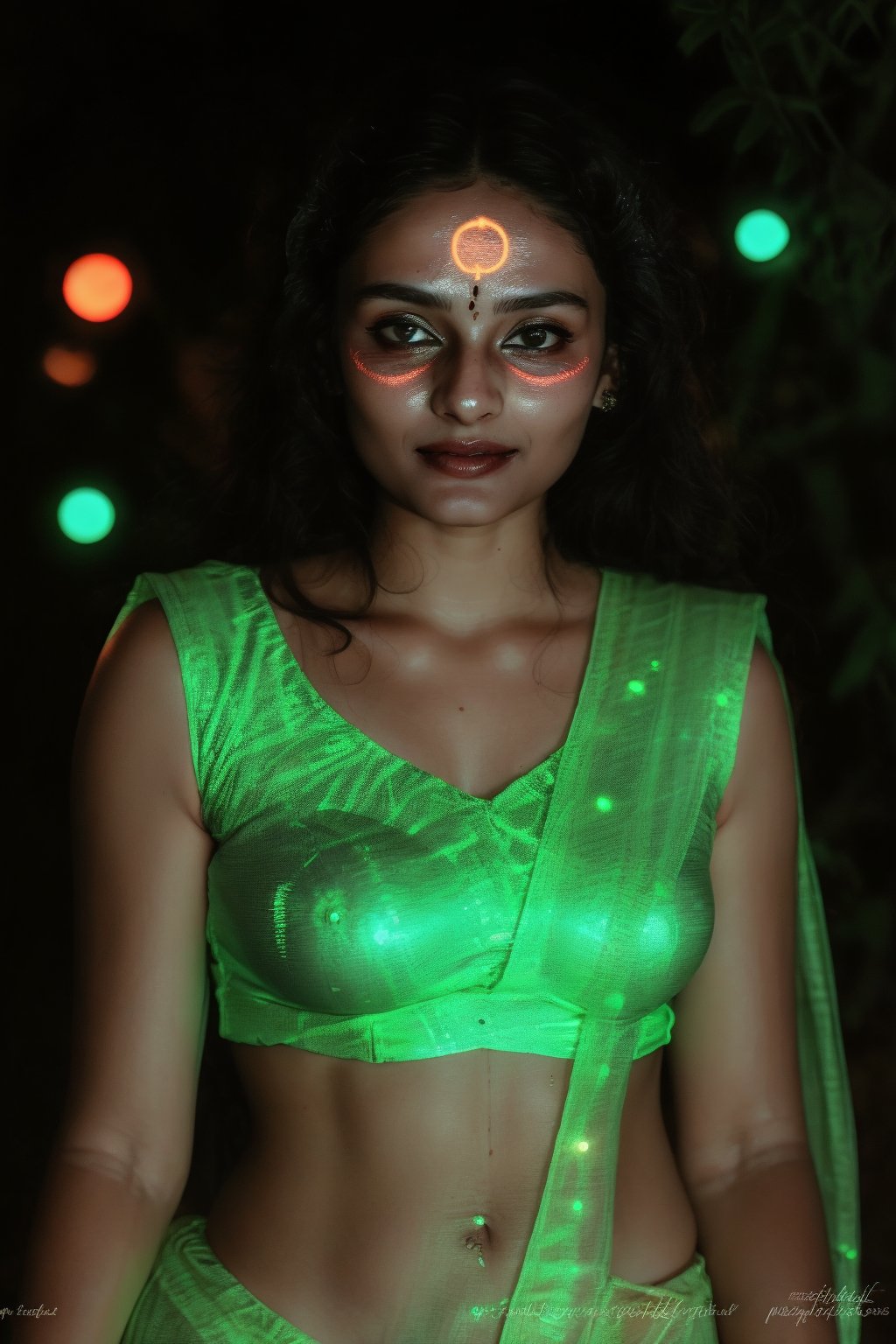 Photo of a mystical fantasy bioluminescent neon woman. Glamorous fashionable lady, glowing dots on face, glowing neon saree ,Light particles and spark,Glowing dots on body