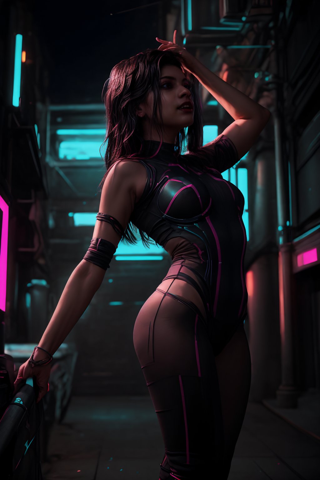 Close-up shot of a stunning woman in a sleek black jumpsuit , her long legs and toned arms glistening under Tron-like neon lights. The camera spins around her, capturing the vibrant Matrix-inspired color palette, with electric blues and fiery oranges dancing across her features. She's posed confidently, one leg bent at an angle, hand on hip, as if ready to take on the virtual world.,Mallu,CyberpunkWorld