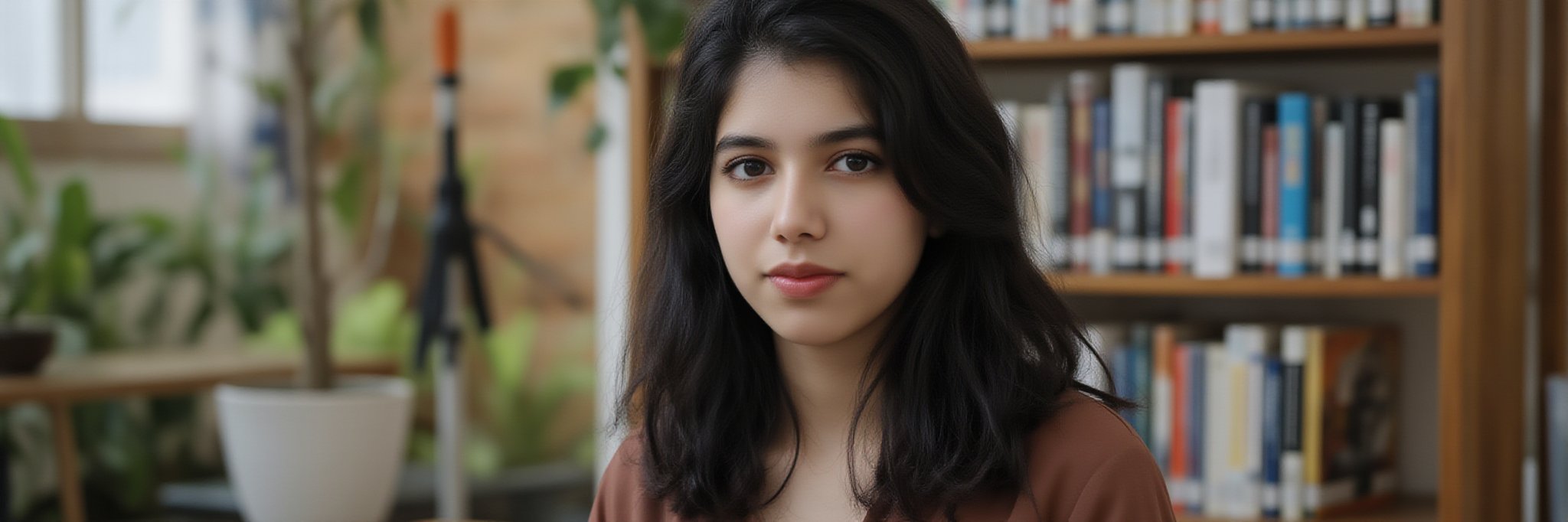 19 year mature girl with pink lips and brown eyes with black long hair at college library  in long dress 