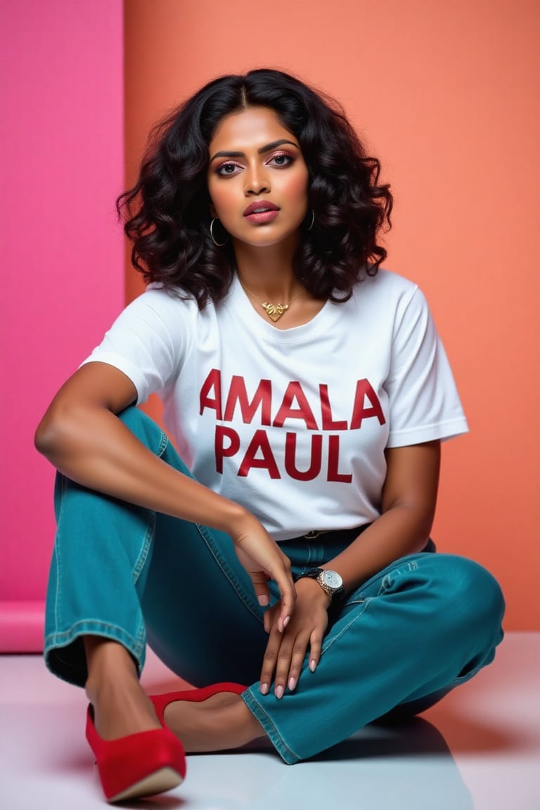 wide and low angle, cinematic, fashion photography. xamala sitting on floor wearing a full size light white t-shirt with big letters \"Amala Paul\" , teal jeans, nice red high heels and a gracious look on her face. The background is a color gradient, her face is lit with cool white light,  studio setting   <lora:xamala-flux-lora:1