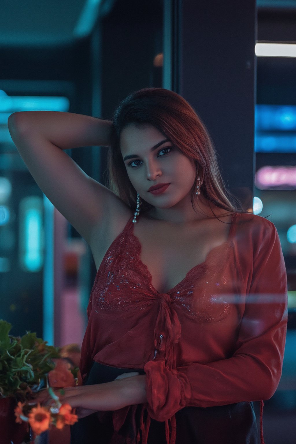 A beautiful women cinematic lighting futuristic city, shot on arri Alexa XT, teal and Red lighting setup,Indu30