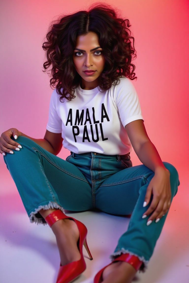 wide and low angle, cinematic, fashion photography. xamala sitting on floor wearing a full size light white t-shirt with big letters \"Amala Paul\" , teal jeans, nice red high heels and a gracious look on her face. The background is a color gradient, her face is lit with cool white light,  studio setting   <lora:xamala-flux-lora:1