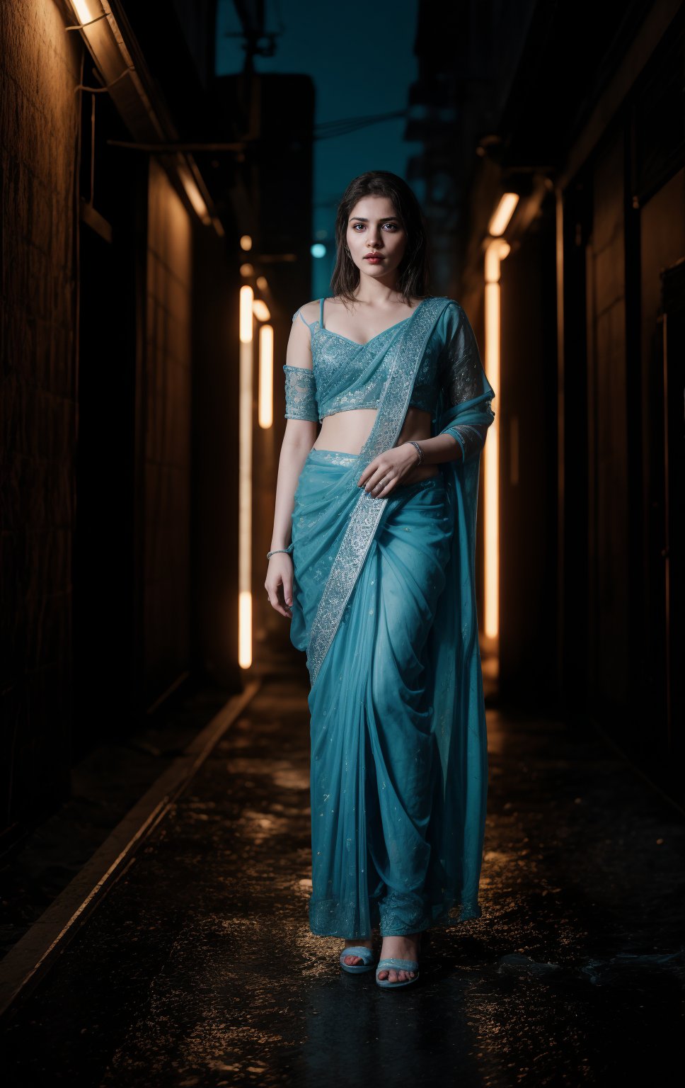 In a dark alleyway, neon tubes casting a futuristic glow on wet pavement, a stunning 28-year-old woman stands confidently, half of her body clad in a head-to-hip transparent saree that glistens under Tron-like lights. Electric blue and fiery orange hues dance across her features as she poses, the saree's intricate patterns reflecting off her toned skin like a digital canvas.