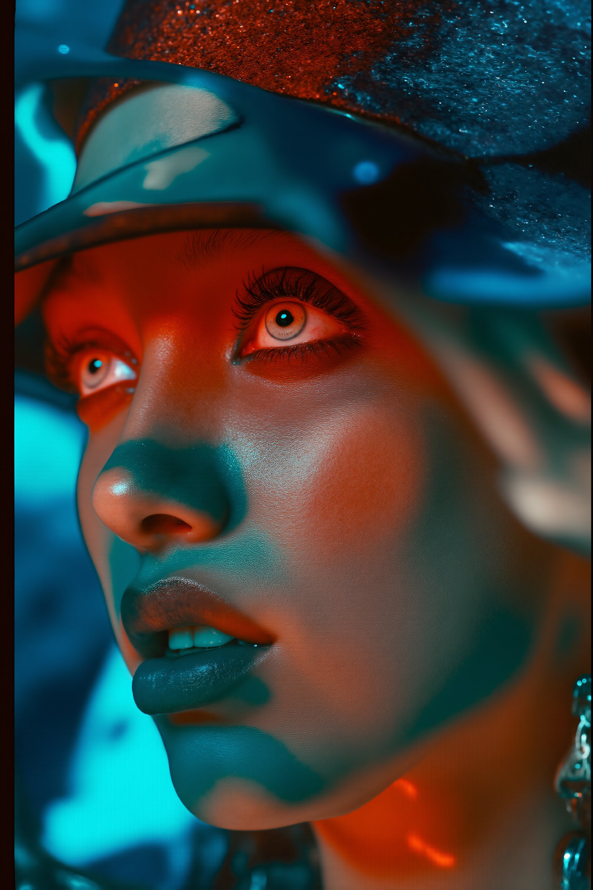 A hyper-realistic portrait of a stunning supermodel, featuring a beautifully detailed face with intricate. The image blends futuristic and traditional elements with a neo mode, avant-garde style, characterized by delicate and sleek lines, vibrant colors, and exquisite details. The model’s eyes captivate with complex colored irises, while her unique, crazy hairstyle adds to the surreal and mysterious charm. The overall composition is symmetrical and fluid, with an ethereal and timeless aura. The interplay of light and shadow enhances the high-fashion aesthetic, capturing the essence of cyberpunk and folklore in a visually striking and artistic statement,  Midjourney_Whisper,Details,Skin texture 