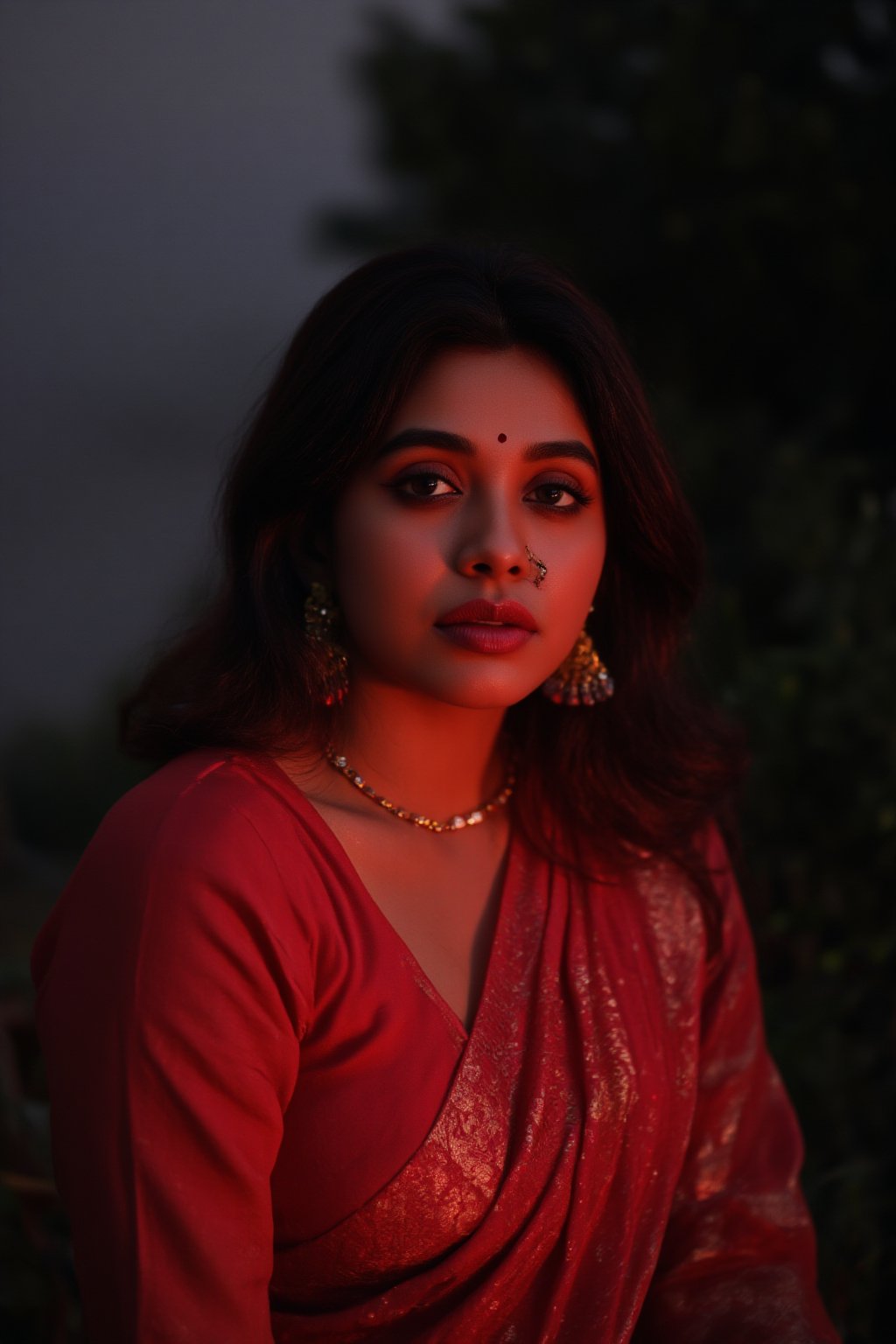 Raw photo of (18yo Kerala Beautiful young woman:1.1, (best quality, highres, ultra-detailed:1.2), This breathtaking photograph, shot on a Canon 1DX with a 50 mm f/2.8 lens, beautifully showcases the raw and authentic beauty of life. high resolution 8k image quality, vibrant colors, glowing dimond, glowing eyes, realistic Raw photo, realistic lighting, traditional Red saree,  exotic beauty, mesmerizing eyes, girl ,Thrissur,Mallu,Saree,35mm photo