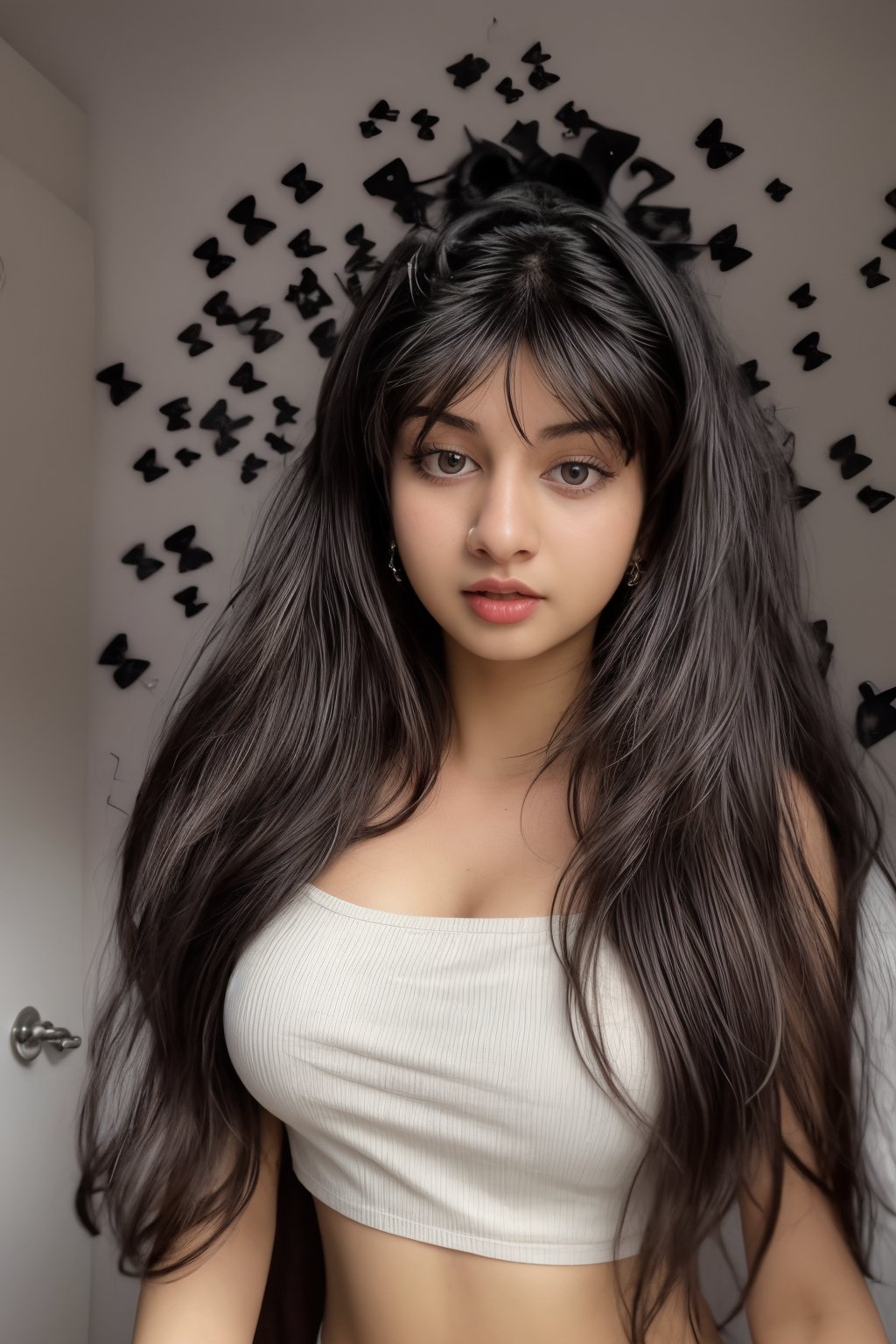 1girl, solo, long hair, black hair, twintails, jewelry, earrings, lips, realistic, navel, beautiful Indian girl