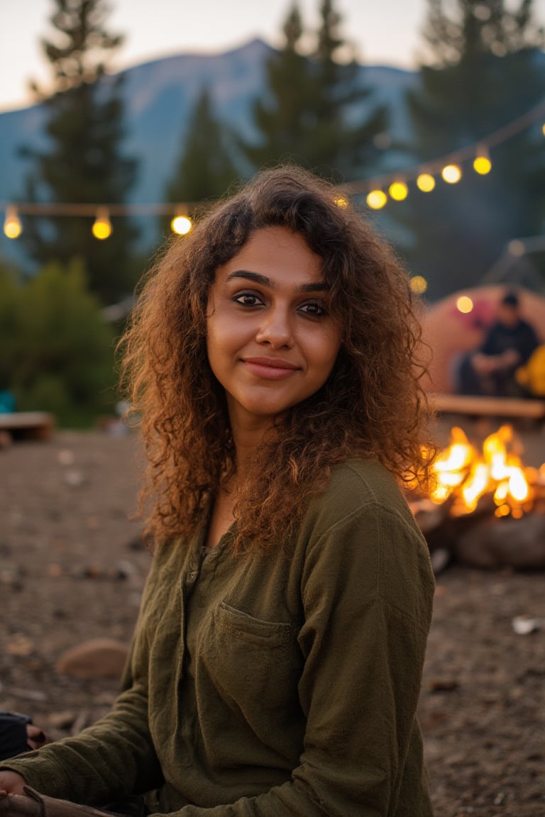 Generate an image of a stunning 18-year-old petite teenager, young, youth, child, kid, blending Black and Spanish heritage. She has fluffy curly golden brown hair, Type 4 hair, lush and vibrant, falling in loose waves down her back.

Setting:
- Outdoor: A serene mountain campsite at dusk, mountain view
- Soft, warm lighting with subtle shadows and twinkling string lights
- Tall trees surrounding a cozy clearing, with a crackling campfire and rustic wooden benches
- Camping gear and equipment subtly integrated into the scene

Physical Description:
- Fair skin with a subtle, sun-kissed glow
- Bright, expressive hazel eyes
- olive, dark Italian skin

Outfit:
- Comfortable, green earth-toned camping shirt (flannel or fleece)
- Practical hiking pants or leggings
- Warm, cozy cardigan 
- Sturdy hiking boots

Style:
-Effortless, coastal chic
- Confident, carefree, innocent pose

Mood:
- Serene, joyful, and radiant
- Capturing the essence of a relaxed summer afternoon
Inspired by singer Tyla's vibrant energy and style, create a breathtaking image that embodies beauty, elegance, and a laid-back coastal vibe.