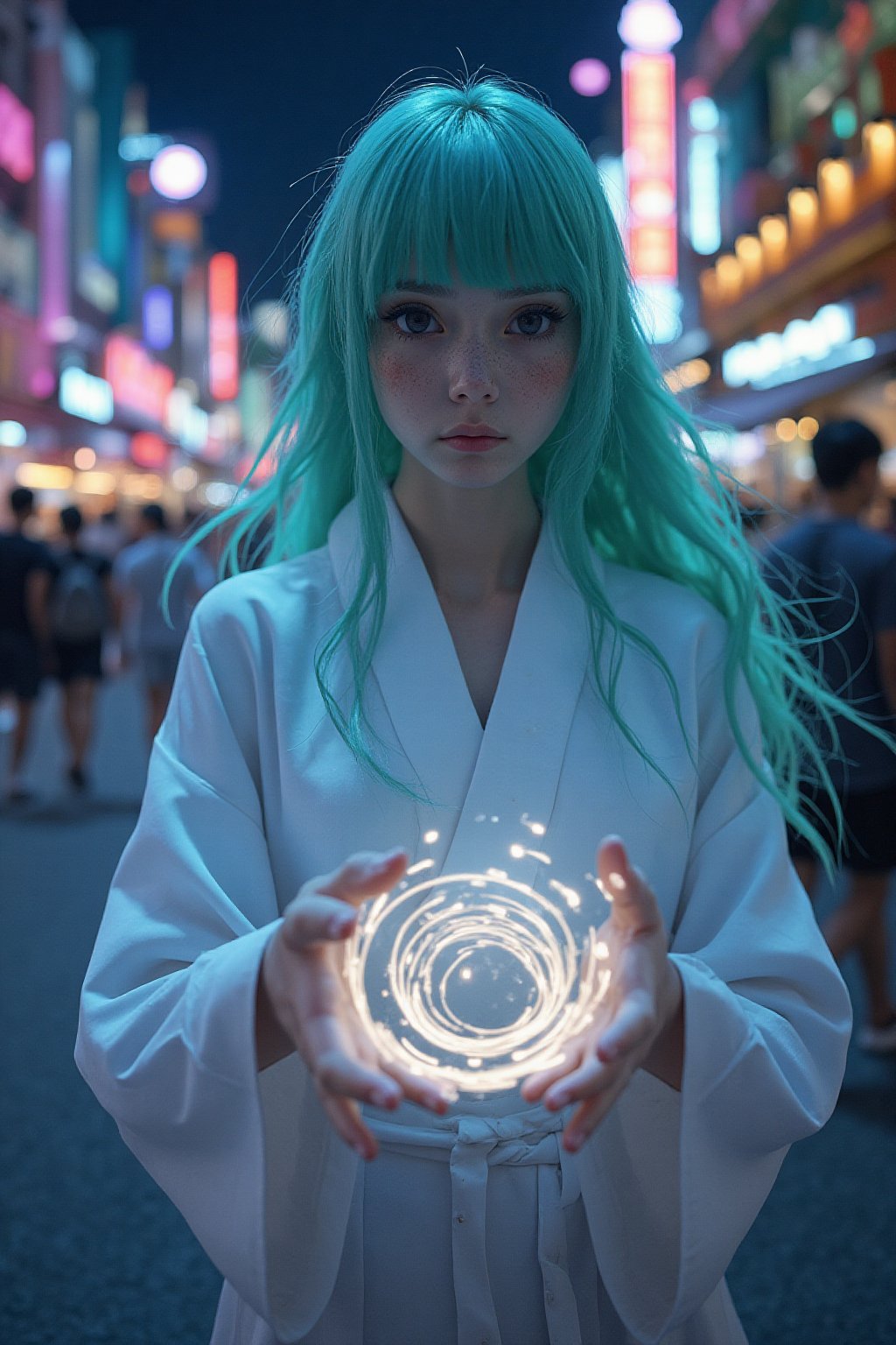 8K, ultra-detailed textures and realistic lighting, beauty and aesthetics, POV, various views, 1girl, solo, cleric, long hair, looking at viewer, bangs, black eyes, closed mouth, light turquoise hair, full body, japanese clothes, blunt bangs, kimono, lips, aqua hair, In Tokyo Disneyland, at night, the Japanese girl stands tall, her crisp white kimono a stark contrast to the noisy surroundings. Colorful neon light Soft, illuminates her porcelain, pale skin, her face illuminated by the glow of a magical circle beneath her. Her hair flows wildly, charged with energy, her eyes focused and determined, her hands outstretched as she summons a swirling vortex of magic. Her vibrant green hair catches the fading moody lighting, framing her serene expression amidst the amusement park, light particles