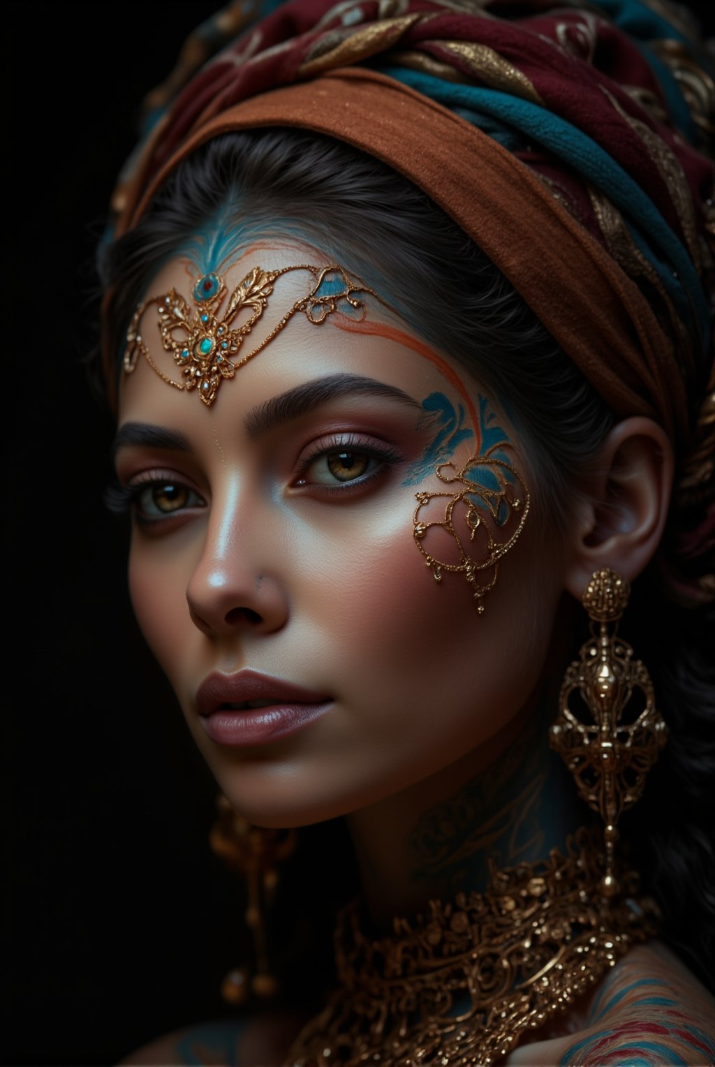 (Best quality), Create an artistic and striking image, (highly detailed and surreal), lighting highlights, abstract contrast, on the part of a face where the details of (one only eye), hyper tunning, made up in a fantasy style and with a tattoo are shown, striking scarf covers the forehead, notable eyelashes, iris of striking colors, the background contrasts the main image and gives focus to it, Ultra-detailed, perfectly focused and sharp, UHD 8K, HDR, artistic photographic style