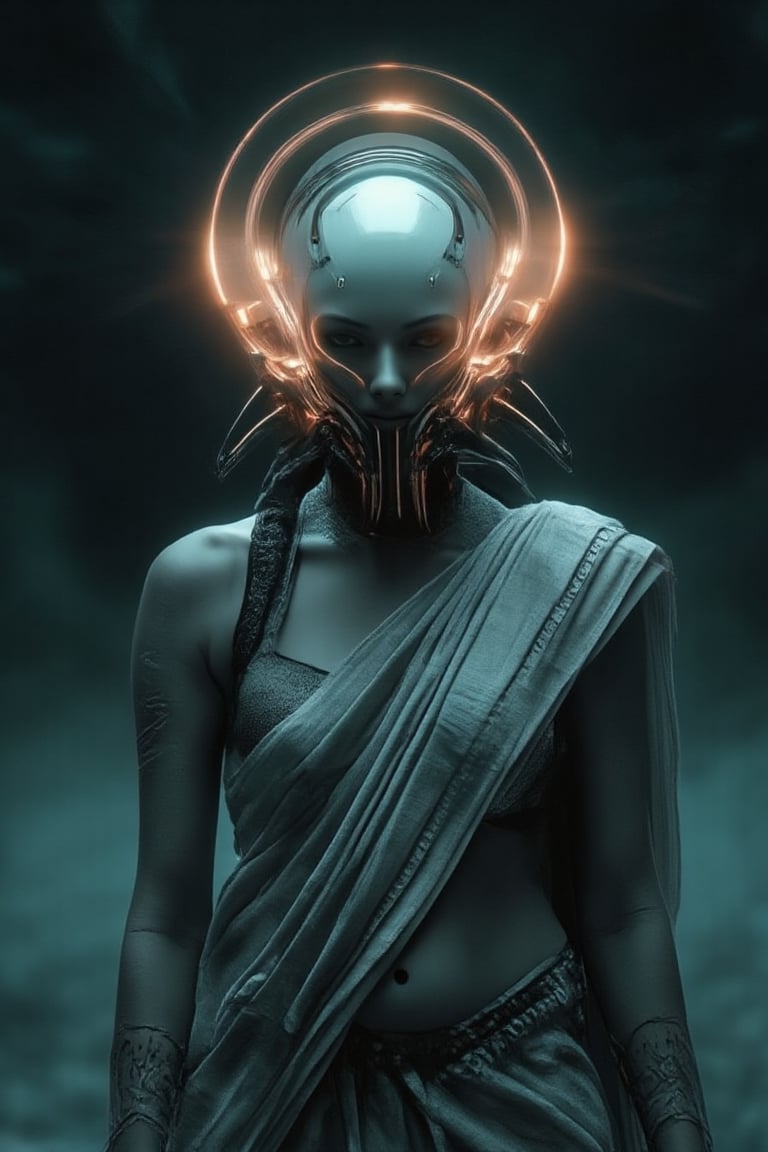 Futuristic radiation Mask on a mallu woman, in saree, navel. Full body, midriff exposed navel show, Cinematic colour grading, teal and orange lighting, 

fantasy beauty, biochemiluminescence, art nouveau, bright colors,  optical illusion 3D art), detailed textures, high quality, high resolution, high precision, realism , color correction, proper lighting settings, harmonious composition, Behance works,Details,Details,Texture,Details,weird_futuristic_fashion