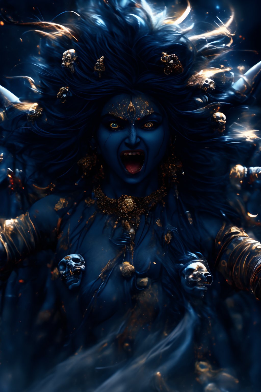 A powerful and terrifying portrayal of the Hindu goddess Kali Maa,  depicted with either black or dark blue skin that radi...