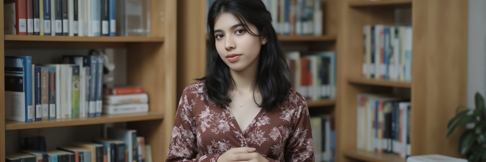 19 year mature girl with pink lips and brown eyes with black long hair at college library  in long dress 