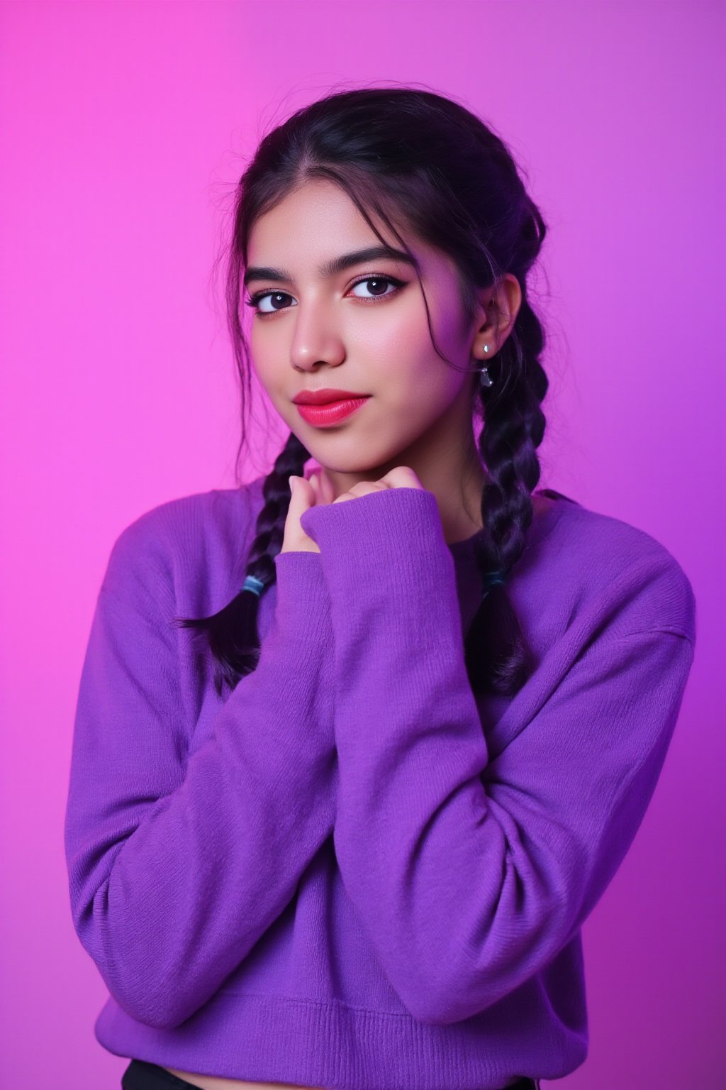 A photorealistic full-body portrait of a stunning 21yo hubggirl with perfect hands. She wears a vibrant purple sweater and double braids adorned with tiny earrings. Her shoulder-length purple hair is styled in intricate braids that cascade down her back. Her eyes are a deep, rich purple, framed by thick eyelashes and subtle makeup. A bold red lip color adds a pop of brightness to the overall gradient background, which transitions seamlessly from pink to purple. The subject's gaze is direct, with a hint of sassiness as she wears a trendy hat and sports a confident smile. Shut up, indeed!,Teenager 