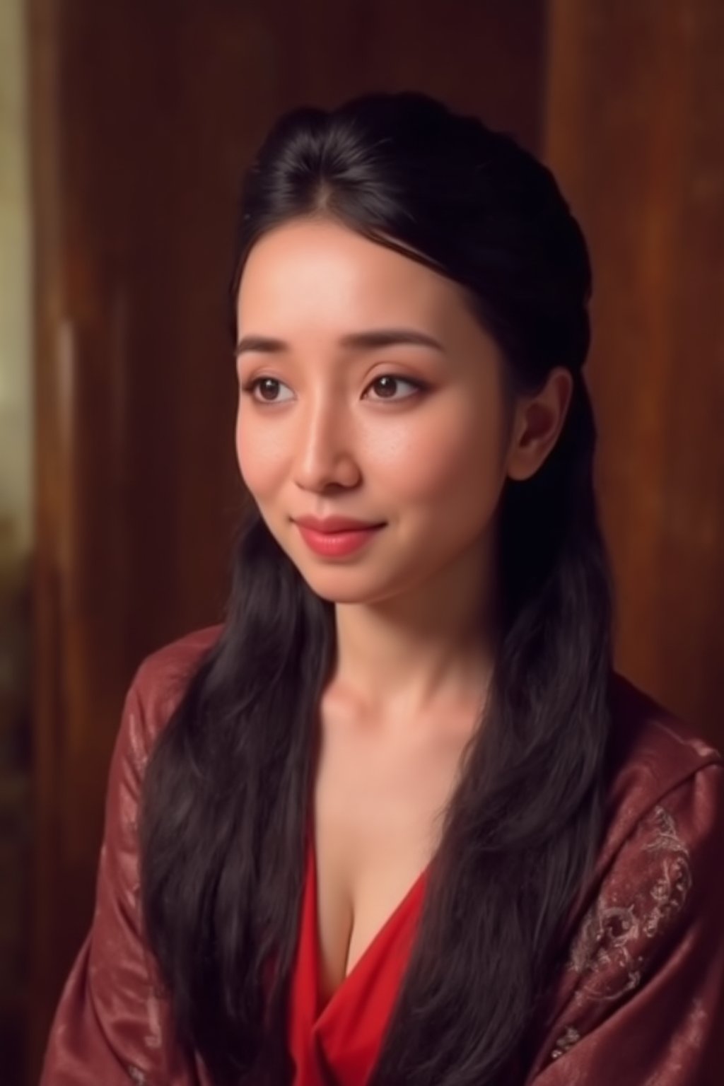 A close-up photorealistic portrait of a middle-aged Asian woman with fair skin, straight black hair, and subtle makeup. She is wearing a traditional silk robe with intricate embroidery, with soft, warm lighting highlighting her facial features. The background is a blurred indoor setting with wooden elements and soft textures, adding depth to the portrait. The focus is on her calm expression, delicate features, and the softness of the light on her face.
