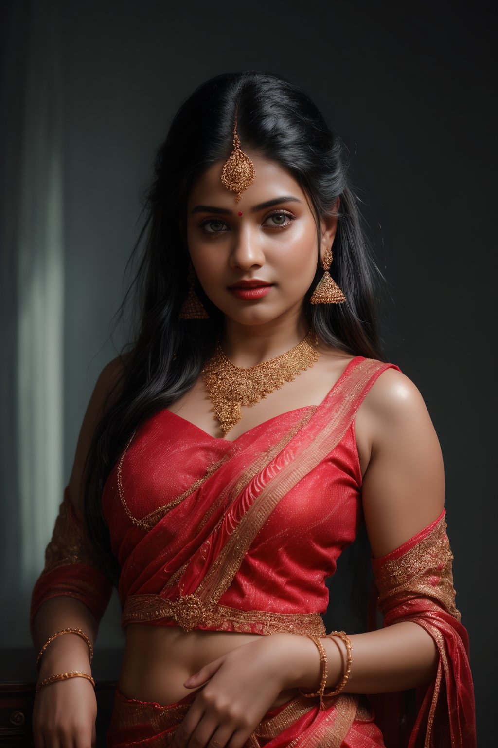 A beautiful Indian 26yo  girl wearing a traditional saree, draped in a style that reveals navel. Turtle neck blouse:2, The saree is richly colored and adorned with intricate patterns and embroidery, with a matching blouse (choli) that has short sleeves and a deep neckline. The pallu of the saree is gracefully  over her shoulder cover with blouse, , falling softly to one side, while her navel is tastefully visible where the saree is wrapped around her waist. She is adorned with traditional jewelry, including a maang tikka, jhumka earrings, a nose ring, bangles, and anklets. Her skin has a warm tone, and her long, dark hair is styled either in a loose braid or cascading waves. The setting is softly lit, focusing on her elegant pose and the cultural richness of her attire, with warm, natural lighting that enhances the details of the fabric and her jewelry.

cinematic angle, (cinematic shadows, bokeh, depth of field:1.3) , (High detail RAW Photo), (extremely detailed skin, photorealistic, heavy shadow, dramatic and cinematic lighting, key light, fill light), sharp focus, cinematic, imperfect skin, fabrics, textures, detailed face, detailed skin, detailed fingers, NaturalHand2-3500, analog film photo Deep photo,depth of field,ferrania p30 film,shadows, perfect face and body, dimly lit, nervous, harsh camera flash, faded film, desaturated, 35mm photo, grainy, Kodachrome, Lomography, stained, highly detailed, found footage,, (black hair, covered cleavage, 
A flapper girl stands poised in a smokey atmosphere, bathed in ethereal light that accentuates her stunning features. Her fair skin glows under cinematic lighting, as she gazes directly into the camera with perfect eyes and a beautiful nose. Her Drill Spring-inspired hairstyle is perfectly coiffed, framing her face, background intricate details and complex patterns that seem to leap off the screen in hyper-maximalist fashion.  with detailed decoration and lines that exude opulence. In stunning HDR and UHD, this unreal engine creation pops with gorgeous light and shadow., matrix,poakl, 5 fingers on each hands,better_hands