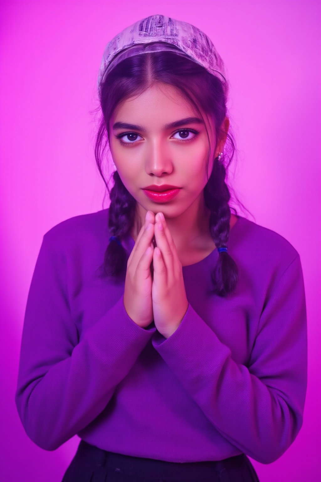 A photorealistic full-body portrait of a stunning 21yo hubggirl with perfect hands. She wears a vibrant purple sweater and double braids adorned with tiny earrings. Her shoulder-length purple hair is styled in intricate braids that cascade down her back. Her eyes are a deep, rich purple, framed by thick eyelashes and subtle makeup. A bold red lip color adds a pop of brightness to the overall gradient background, which transitions seamlessly from pink to purple. The subject's gaze is direct, with a hint of sassiness as she wears a trendy hat and sports a confident smile. Shut up, indeed!,Teenager 