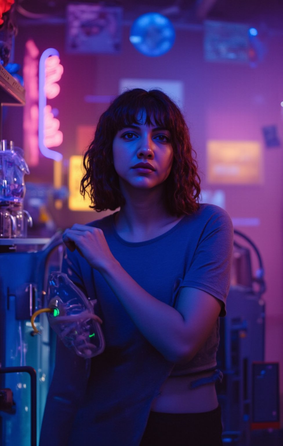 The atmosphere is fun and inviting, featuring colors like black, blue, dark blue, dark purple, gray, light green, purple, and orange. Neon lights in pink, blue, and green illuminate the space, creating a bokeh and Depth of Fieldeffect. The focus is on the girl from the torso to the head, captured in a cinematic style with a Sony A7R IV full-frame camera