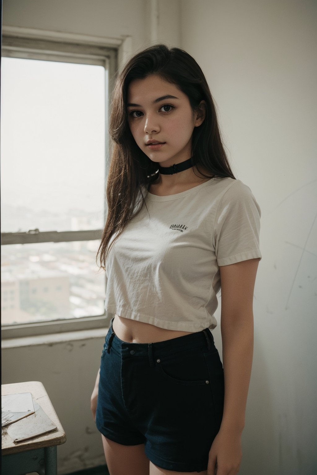 analog photo, a cute girl, 22 years old, black hair, pale skin, short shirt, hot pants, choker, vintage, faded film, (film grain),  school, classroom, beautiful deatailed shadow,dust,tyndall effect,hyperdetalization,