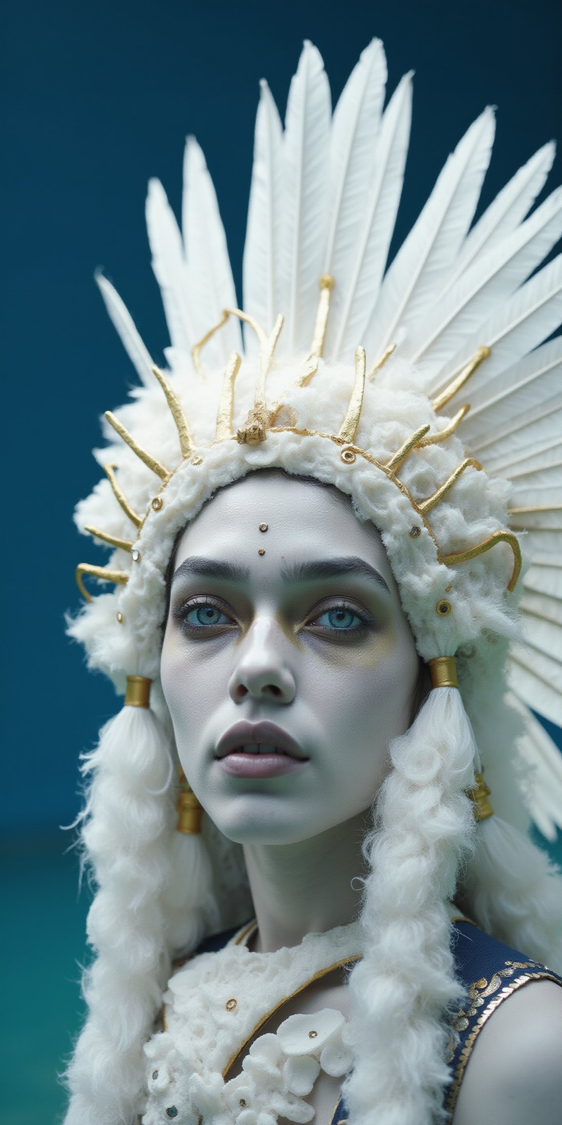 a close-up view of a white Indian figure, adorned with a white headdress adorned with gold accents. The figure's face is adorned with blue eyes, a white crown, and gold accents, adding a touch of contrast to the figure's costume. The headdress is adorned adorned with white feathers, a gold star, and a gold ring. The background is a deep blue, creating a striking contrast with the figure.