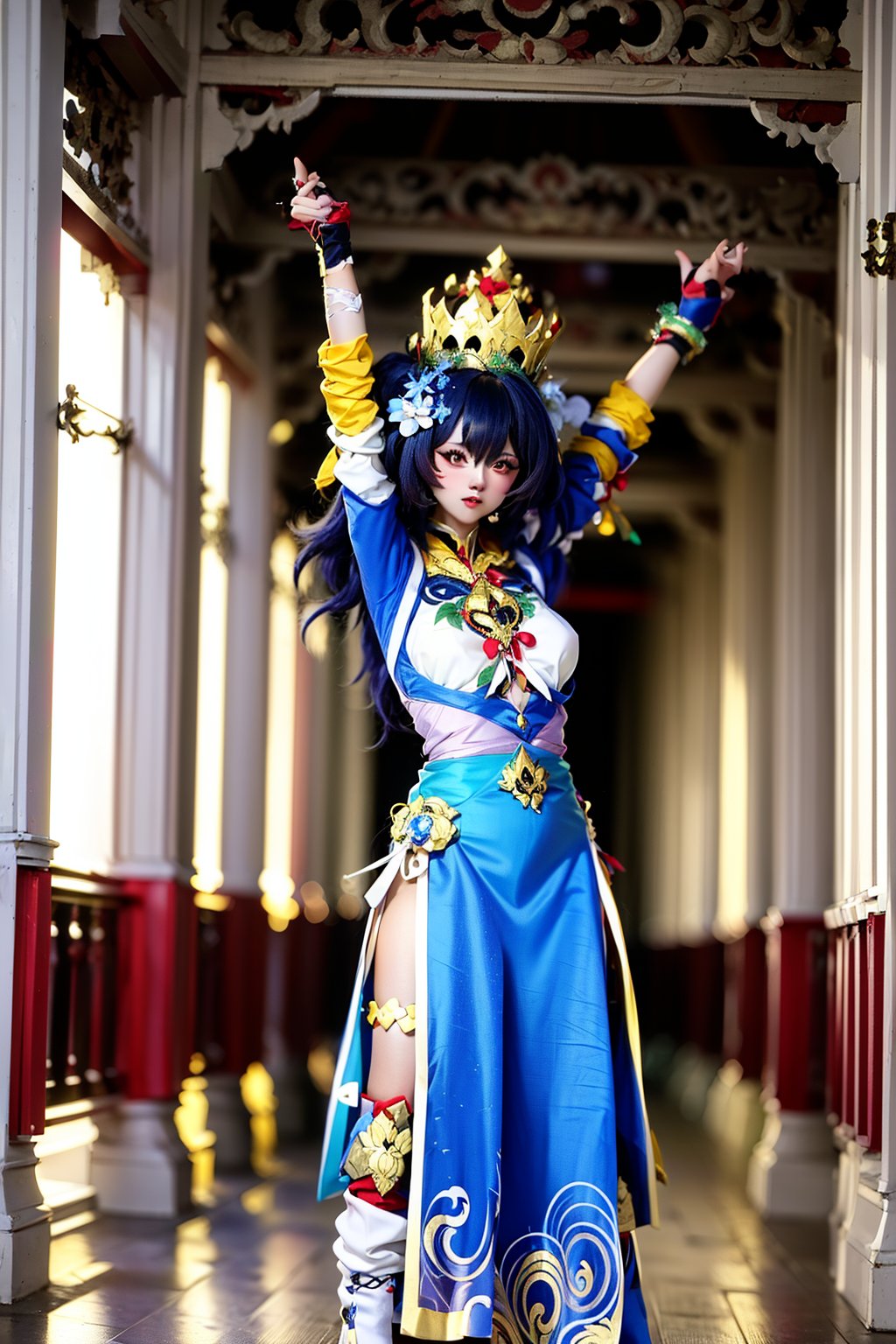 Captured from a low-angle perspective, a vibrant blue-haired woman, dressed in a traditional Asian costume, is adorned with a white and blue skirt, adorned with gold accents. She stands on a tiled floor, her arms stretched out to her sides, revealing a sword in her right hand. Her hair is adorned in a crown, adding a pop of color to her outfit. The sword is held in her left hand, while her right arm is stretched out in front of her. Her left hand is positioned in the air, adding balance to the scene. The scene is set against a backdrop of red pillars, a white building, and a red bench. The sky is a bright, sunny day.