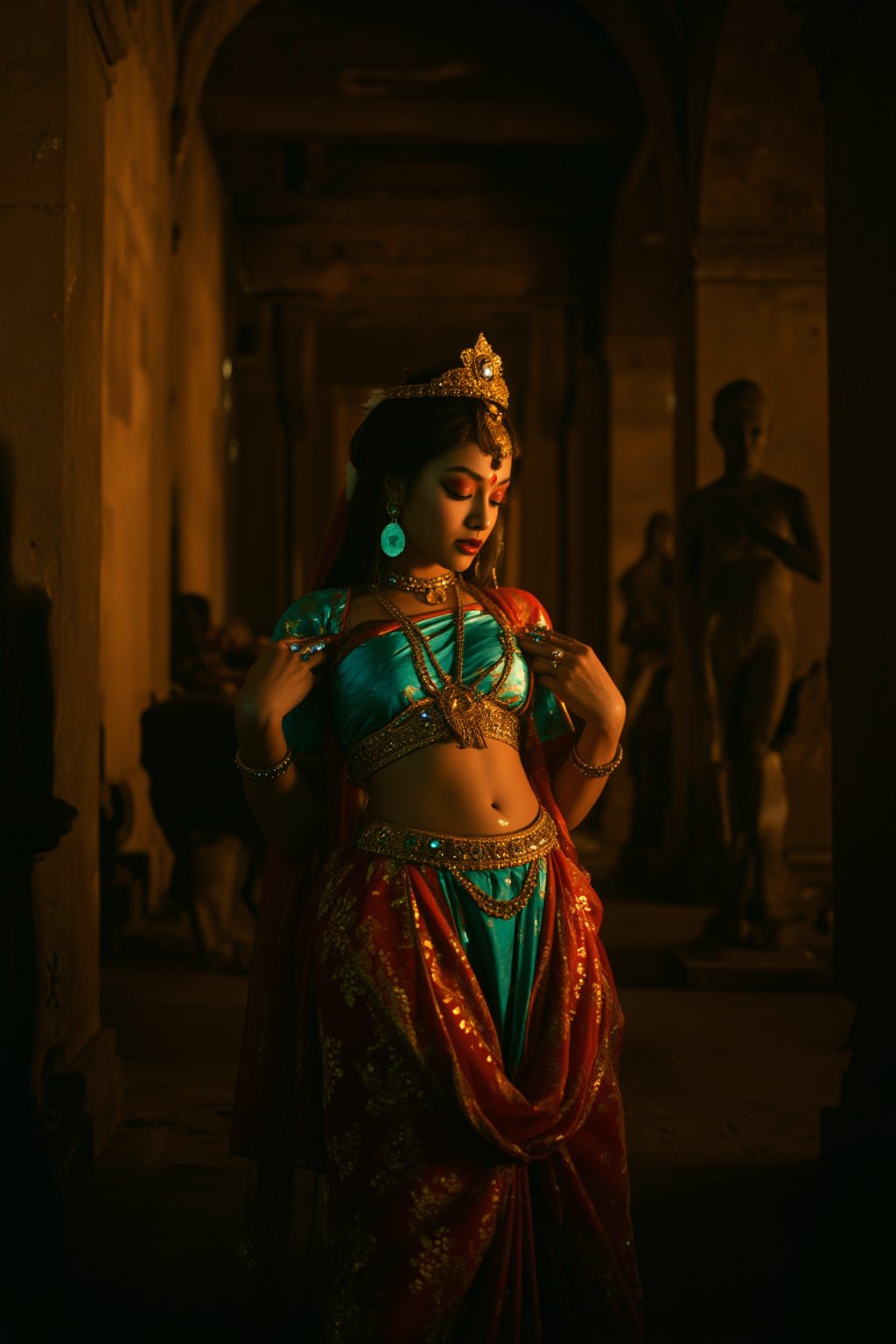 A realistic photographic portrayal of the Goddess of Kamasutra, standing gracefully in an ancient temple with her navel prominently emphasized (navel:1). She is adorned with traditional gold ornaments and an elaborately draped saree, both glistening under the sharp, cinematic lighting. Her makeup is bold and extreme, with dramatic eyeshadow, dark eyeliner, and rich lip color that accentuates her sensual features. Her skin is rendered in exquisite detail, every curve and texture captured in sharp focus, thanks to the Arri Alexa LF camera. The teal and orange color grading creates a warm and mysterious ambiance, with lighting from the front and background ill,Fantasy cosplay,Ts Sara Salazar 