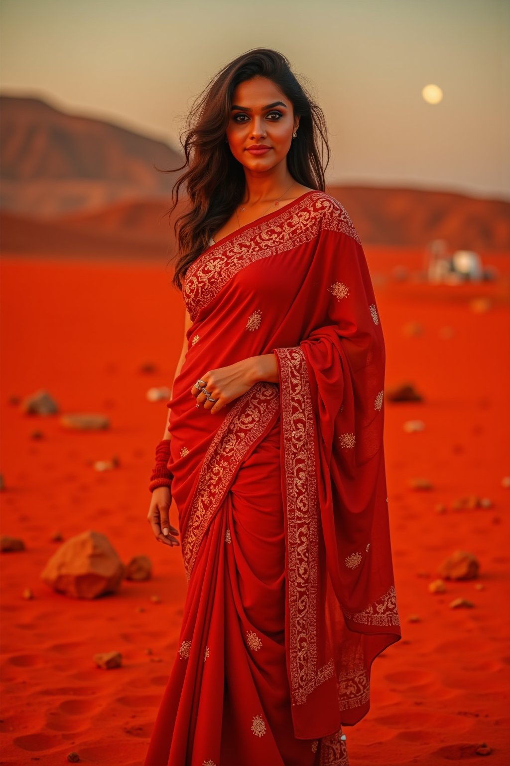 Mars Explorer in Traditional Attire
"A stunning Indian woman stands on the red, rocky surface of Mars, blending elements of her cultural heritage with futuristic technology. Mars rover near She wears a sleek saree, with glowing neon accents:1, customized to reflect traditional Indian motifs, such as intricate gold patterns and a sari-like drape over her shoulder. Her hair wave, mars effect, mars havy sand storm:1.4, revealing a radiant face with sharp, determined eyes. The harsh Martian environment contrasts with her beauty, while the backdrop features the dusty Martian landscape, distant planets, and a futuristic space colony on the horizon. The lighting is dramatic, with warm tones highlighting the red sands of Mars, creating a powerful, cinematic scene captured in ultra-realistic photography."

Details: face texture, perfect eyes, 5 finger on each hands, hair details, costume texture perfect, symmetry, Sharp background,