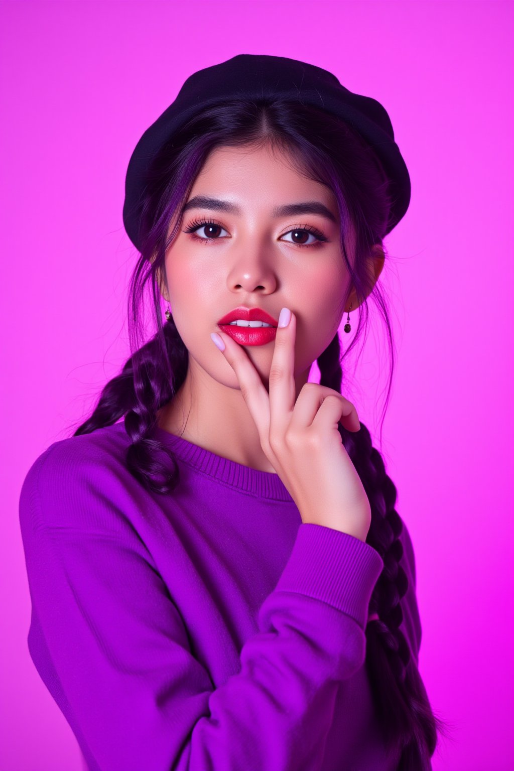 A photorealistic full-body portrait of a stunning 21yo hubggirl with perfect hands. She wears a vibrant purple sweater and double braids adorned with tiny earrings. Her shoulder-length purple hair is styled in intricate braids that cascade down her back. Her eyes are a deep, rich purple, framed by thick eyelashes and subtle makeup. A bold red lip color adds a pop of brightness to the overall gradient background, which transitions seamlessly from pink to purple. The subject's gaze is direct, with a hint of sassiness as she wears a trendy hat and sports a confident smile. Shut up, indeed!,Teenager 