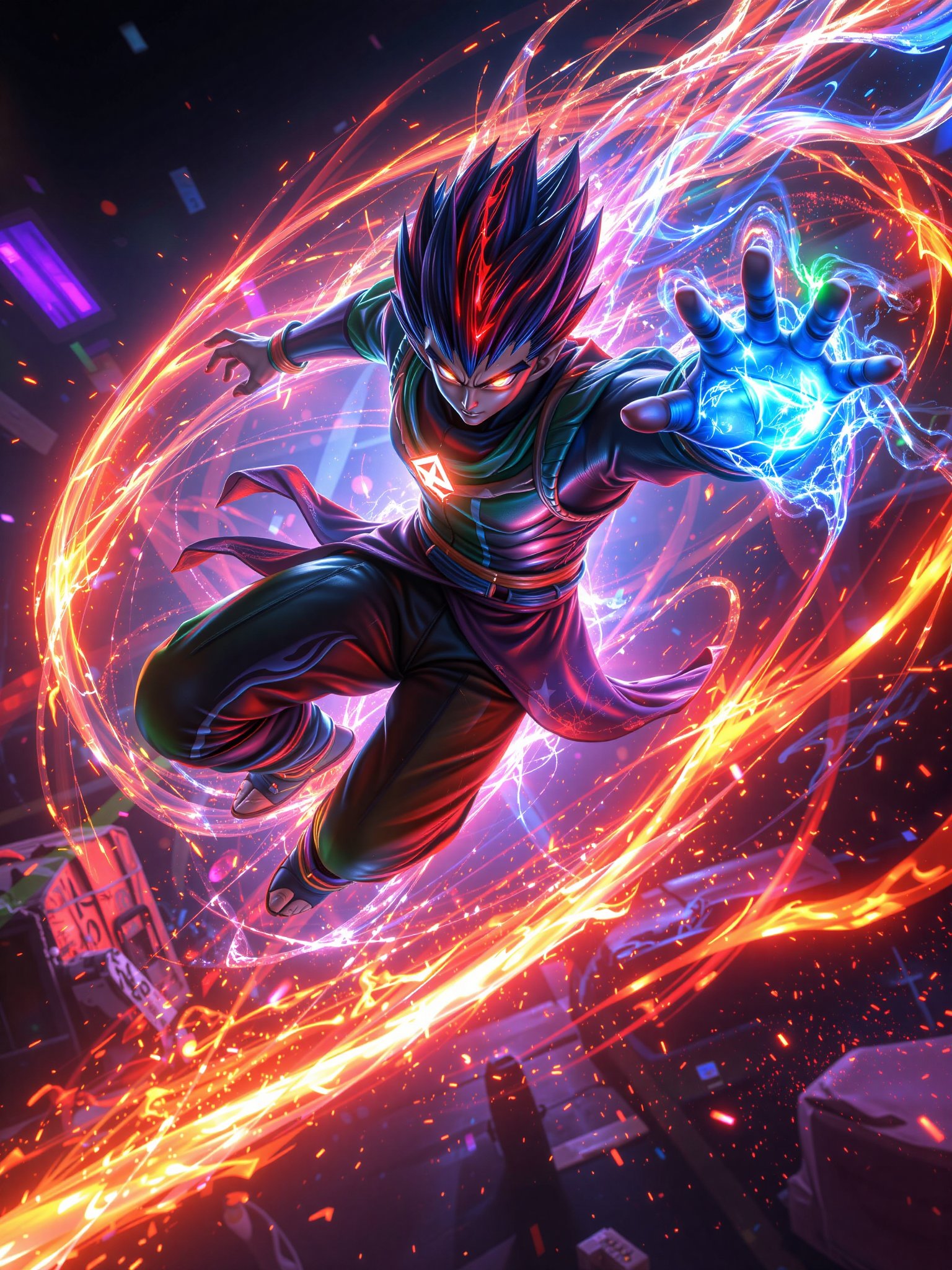 CGI character in a dynamic action pose with powerful red,  green,  and blue chakra flowing from their body by AI factory o...