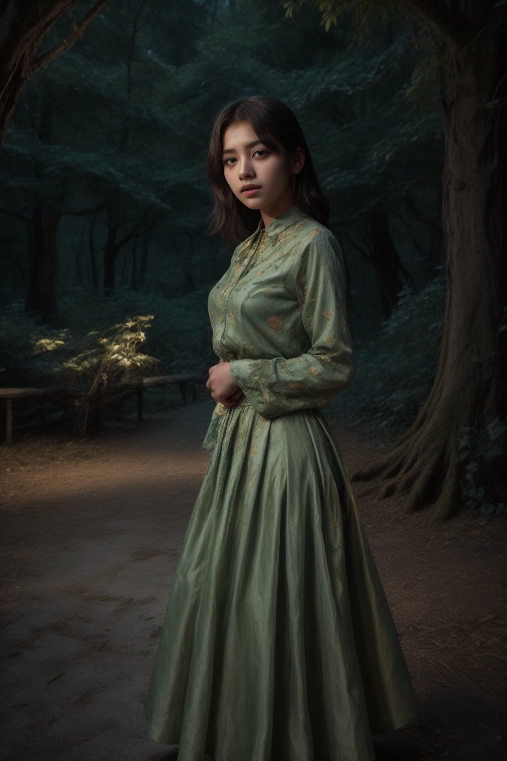  In dark night glowing butterfly, In this stunning 8K photo, red long skirt, gown, long designer yellow blouse, a serene foggy garden sets the stage for a mesmerizing portrait of a 17-year-old Indian women. Beautiful face,  attractive Big eye, Her flawless complexion glows softly under the misty atmosphere's subtle lighting, highlighting her striking features: large eyes and proper breasts. The lush green grass and vibrant black roses surrounding her create a picturesque backdrop, accentuating her natural beauty. Red, ultra realistic photography, She poses elegantly in a gorgeous long-pavada skirt in soft,17 old girl,dusky ,Muscular beautiful girl ,Darkness Forest,Magic Forest