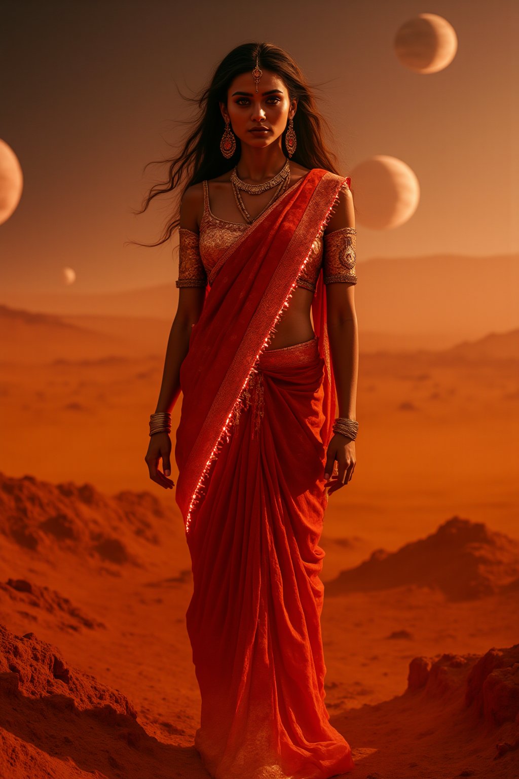 Mars Explorer in Traditional Attire
"A stunning Indian woman stands on the red, rocky surface of Mars, blending elements of her cultural heritage with futuristic technology. Mars rover near She wears a sleek saree, with glowing neon accents:1, customized to reflect traditional Indian motifs, such as intricate gold patterns and a sari-like drape over her shoulder. Her hair wave, mars effect, mars havy sand storm:1.4, revealing a radiant face with sharp, determined eyes. The harsh Martian environment contrasts with her beauty, while the backdrop features the dusty Martian landscape, distant planets, and a futuristic space colony on the horizon. The lighting is dramatic, with warm tones highlighting the red sands of Mars, creating a powerful, cinematic scene captured in ultra-realistic photography."

Details: face texture, perfect eyes, 5 finger on each hands, hair details, costume texture perfect, symmetry, Sharp background,