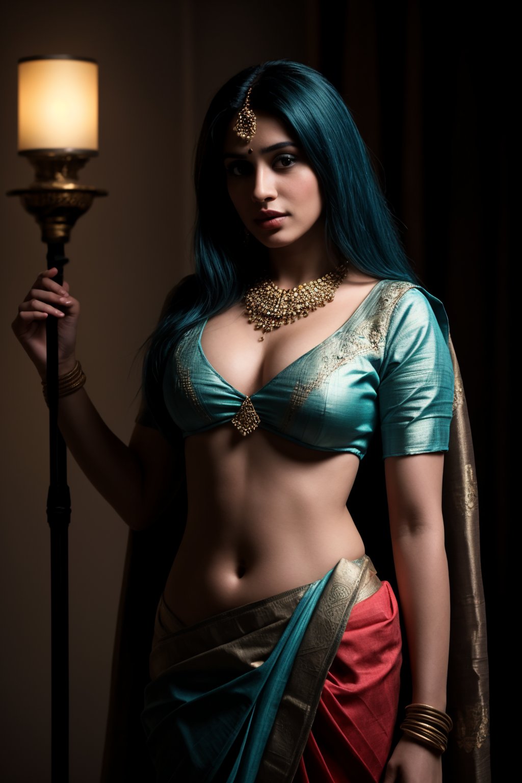 "A mesmerizing, realistic portrayal of the Goddess of Kamasutra, standing gracefully in an ancient, saree, blue hair,opulent setting. Her figure is draped in traditional Indian attire adorned with intricate jewelry, including ornate bangles, anklets, and a waist chain that elegantly emphasizes her sensuality. Her exposed navel (navel:1) is a focal point, enhancing her divine, feminine allure. Shot on an ARRI Alexa XT cinematic camera, the scene is bathed in warm teal and orange lighting, adding depth and contrast to her bronzed skin, while the detailed textures of her garments and surroundings are captured with ultra-high-definition clarity.,Ts Sara Salazar 