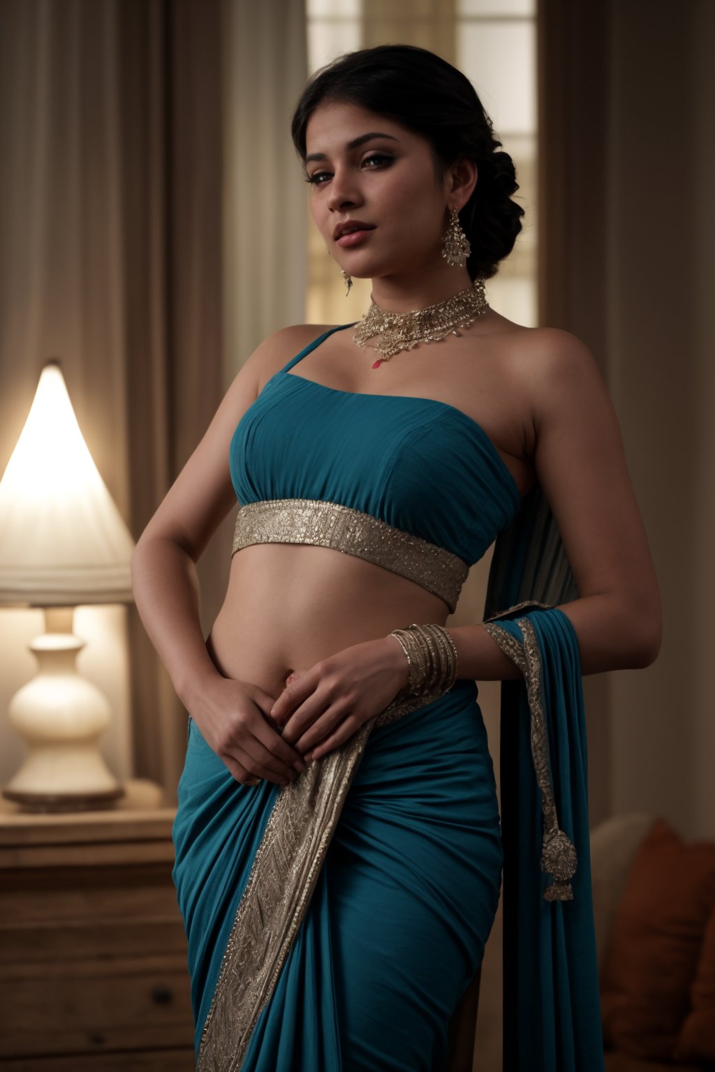 "A mesmerizing, realistic portrayal of the Goddess of Kamasutra, standing gracefully in an ancient, saree, blue hair,opulent setting. Her figure is draped in traditional Indian attire adorned with intricate jewelry, including ornate bangles, anklets, and a waist chain that elegantly emphasizes her sensuality. Her exposed navel (navel:1) is a focal point, enhancing her divine, feminine allure. Shot on an ARRI Alexa XT cinematic camera, the scene is bathed in warm teal and orange lighting, adding depth and contrast to her bronzed skin, while the detailed textures of her garments and surroundings are captured with ultra-high-definition clarity.,Ts Sara Salazar 