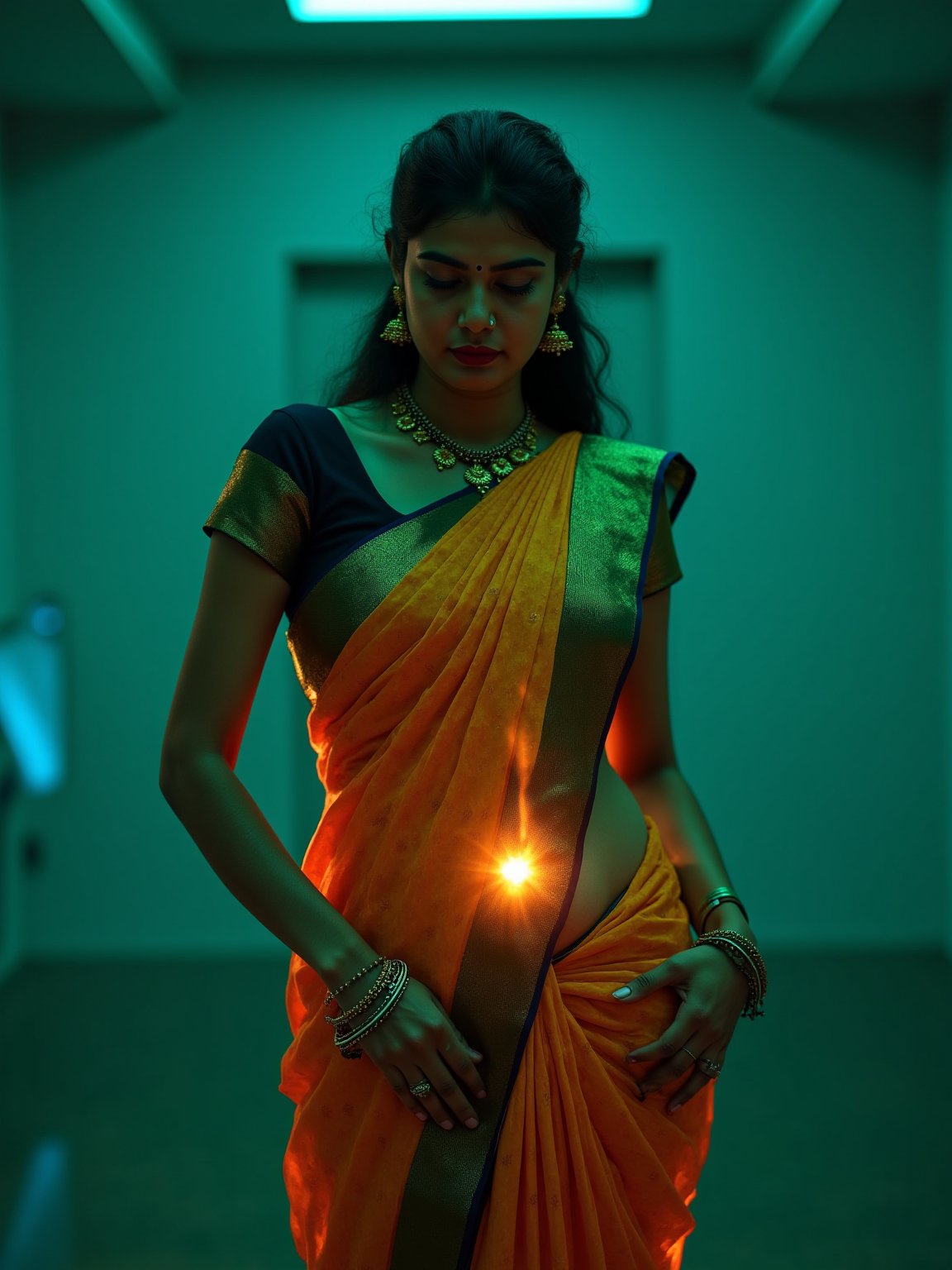 Futuristic, a mallu woman, in saree, navel. Full body, midriff exposed navel show, Cinematic colour grading, teal and orange lighting, Cyberpunk city realistic photography, 
fantasy beauty, biochemiluminescence, art nouveau, bright colors,  detailed textures, high quality, high resolution, high precision, realism , color correction, proper lighting settings, harmonious composition, Behance works,Details,Details,Texture,Details,weird_futuristic_fashion,Cosplay,Traditional,AnadeArmasFlux,Futuristic 