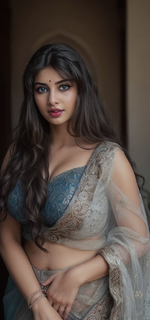 (masterpiece, best quality, ultra-detailed, 8K),high detail, realisitc detailed, a beautiful young indian girl curvy body with long flowy black hair over shoulders in the dark, wearing a full tight indian lacy net multi color saree fully see through dress in wedding palace tempting manner, blue eyes, pale soft skin, kind smile, glossy lips, a serene and contemplative mood, red lips,hd makeup,Indian,(blue eyes)(temptaation shy manner)