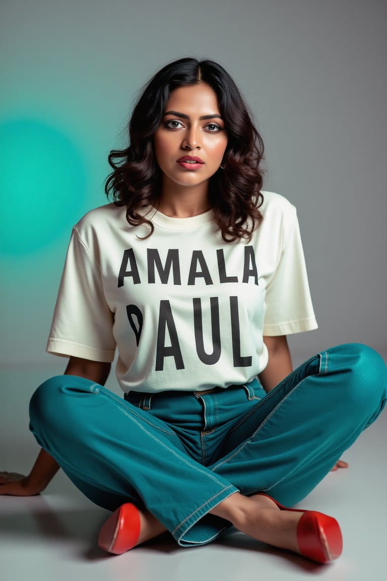 wide and low angle, cinematic, fashion photography. xamala sitting on floor wearing a full size light white t-shirt with big letters \"Amala Paul\" , teal jeans, nice red high heels and a gracious look on her face. The background is a color gradient, her face is lit with cool white light,  studio setting   <lora:xamala-flux-lora:1