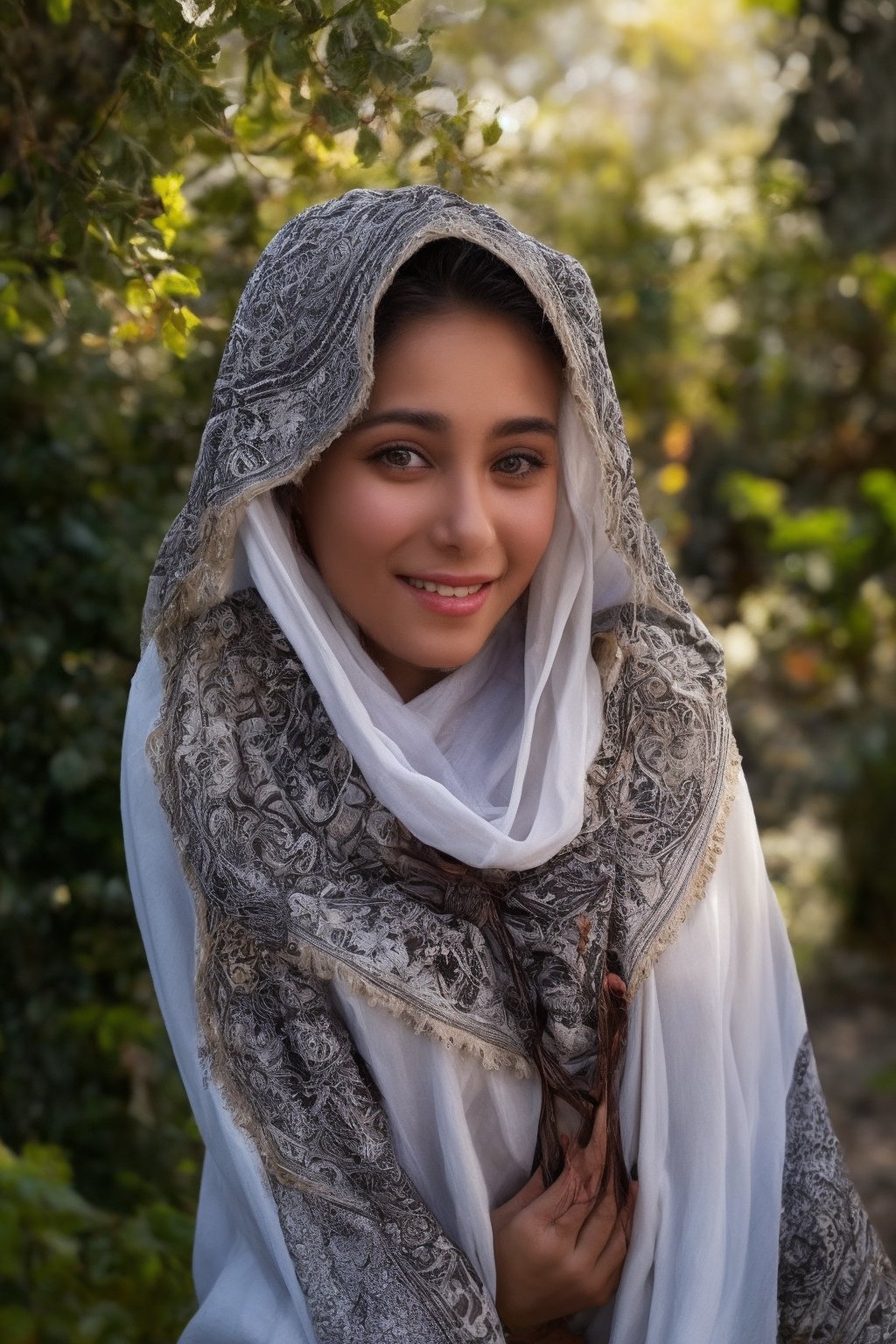 1girl, Beautiful young woman, big eyes, smiling, (in beautiful Arab national costume embroidery ornament black, white), sunny day, botanical garden, realistic