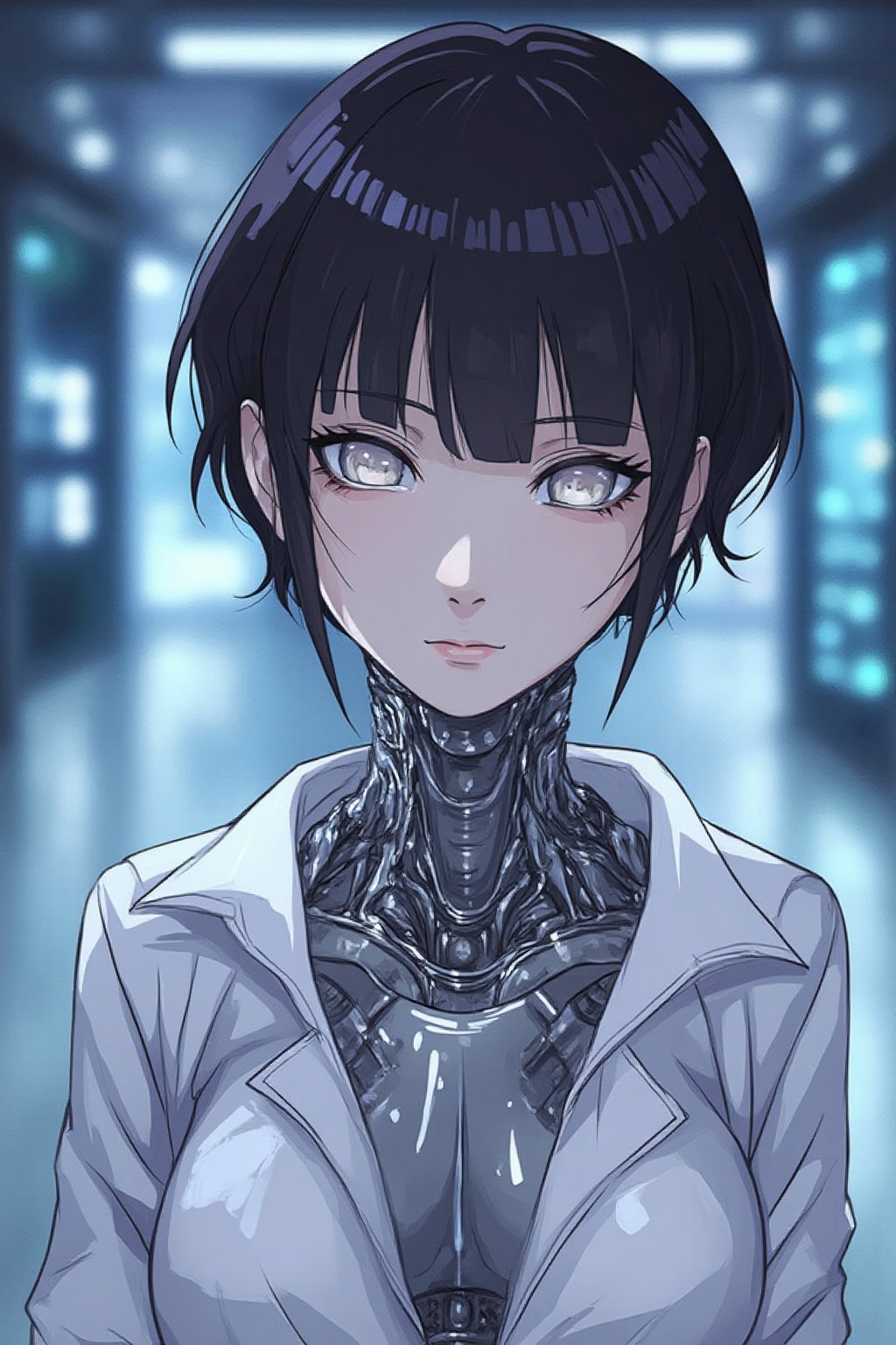 Huyuga hinata, Cyberpunk female android wearing a white shirt, ((The shirt is wet and transparent)),see-through clothes, A cybernetic body can be seen underneath, light reflecting off the mirrored mechanical body, short wavy brown hair, and piercing eyes. Mechanical neck and chest with intricate details. Futuristic background with holographic elements. Anime style, high-contrast lighting, detailed mechanical parts, elegant yet robot-like poses, and a sophisticated and mysterious atmosphere.