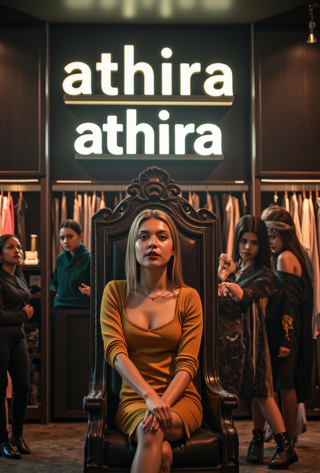 create me something beautiful, sexy, A beautiful woman, dressed in high fashion, sits on a throne in a luxurious boutique shop, surrounded by perfect cinematic lighting. Behind her, the shop's name "athira" is displayed in oversized glowing letters, commanding attention. Girls in the background casually explore the dresses on display. The scene highlights both the elegance of the boutique and the glowing, bold shop name.,Enhanced all,madona Sebastian 