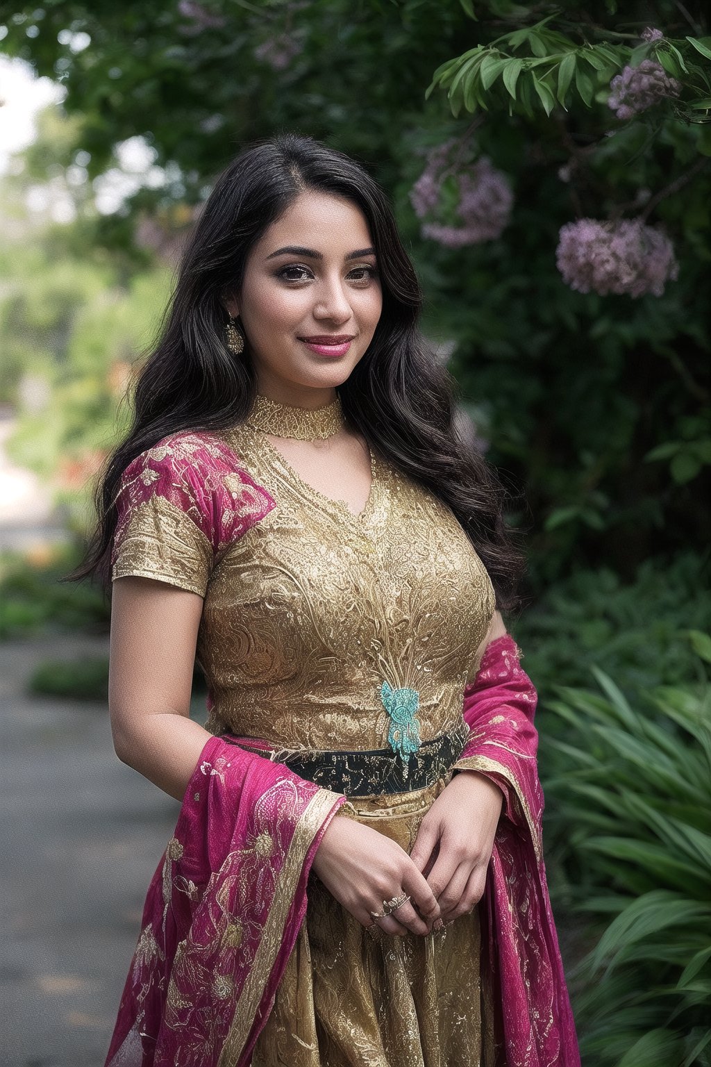 A stunning young woman in a traditional Indian national costume adorned with intricate embroidery and ornaments, beaming with a warm smile as she poses amidst the vibrant blooms of a botanical garden on a radiant sunny day. Her big eyes sparkle like diamonds against the soft, golden light, while the lush greenery and colorful flowers create a lush backdrop for her elegant beauty.,Big eyes ,Plump chubby