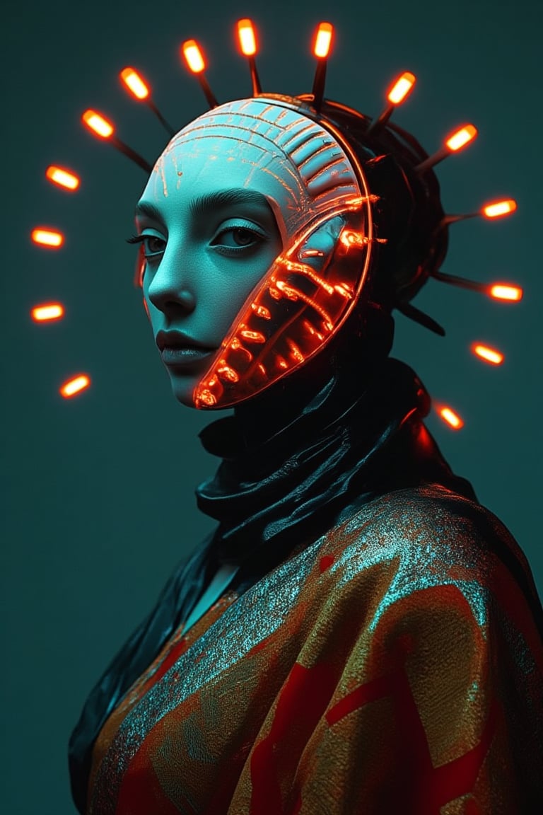 Futuristic radiation Mask on a mallu woman, in saree, navel. Full body, midriff exposed navel show, Cinematic colour grading, teal and orange lighting, 

fantasy beauty, biochemiluminescence, art nouveau, bright colors,  optical illusion 3D art), detailed textures, high quality, high resolution, high precision, realism , color correction, proper lighting settings, harmonious composition, Behance works,Details,Details,Texture,Details,weird_futuristic_fashion,Cosplay 