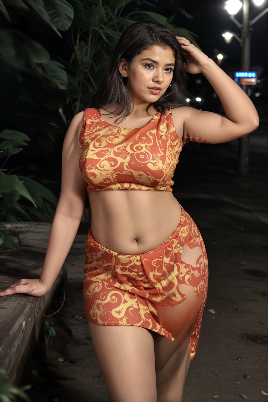 A 25-year-old woman stands confidently in the midst of a vibrant cityscape at night, wearing a striking red dress that hugs her curves. The dress's dynamic design accentuates her toned physique, showcasing a navel piercing adorned with a T-shaped stud. Neon lights from nearby billboards and streetlights dance across her skin and outfit, casting a mesmerizing glow. A soft mist swirls around her, adding an air of mystery to the scene. Her every hair strand, fabric fold, and body contour is rendered in super-realistic detail, drawing the viewer's attention to the intricate design of her navel piercing.