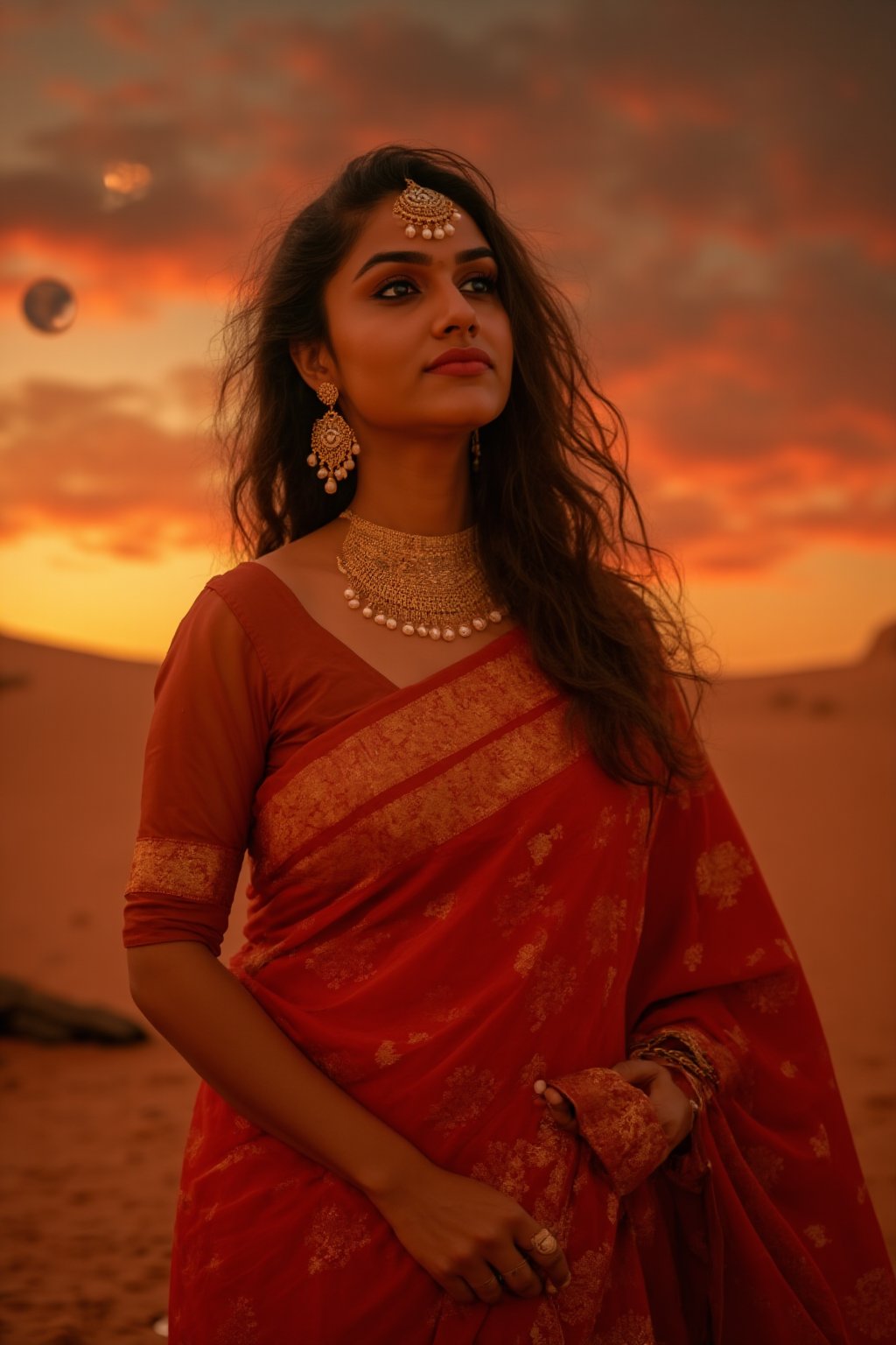 Mars Explorer in Traditional Attire
"A stunning Indian woman stands on the red, rocky surface of Mars, blending elements of her cultural heritage with futuristic technology. Mars rover near She wears a sleek saree, with glowing neon accents:1, customized to reflect traditional Indian motifs, such as intricate gold patterns and a sari-like drape over her shoulder. Her hair wave, mars effect, mars havy sand storm:1.4, revealing a radiant face with sharp, determined eyes. The harsh Martian environment contrasts with her beauty, while the backdrop features the dusty Martian landscape, distant planets, and a futuristic space colony on the horizon. The lighting is dramatic, with warm tones highlighting the red sands of Mars, creating a powerful, cinematic scene captured in ultra-realistic photography."

Details: face texture, perfect eyes, 5 finger on each hands, hair details, costume texture perfect, symmetry, Sharp background,