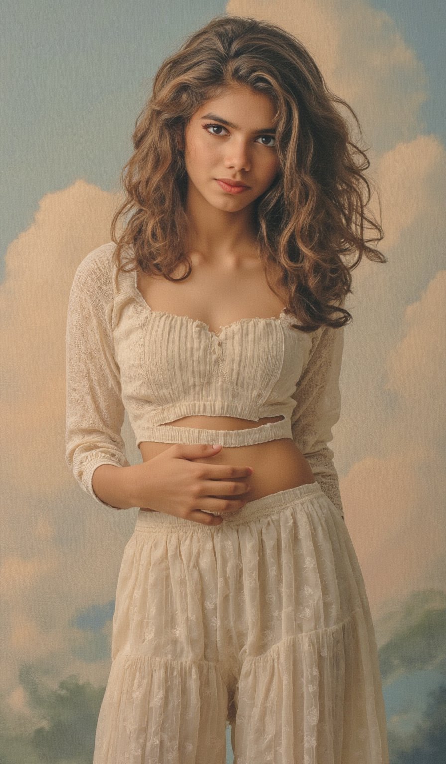 Canvas painting, oil painting, realistic painting, full color, perfect artistic composition, perfect contrast, perfect brightness. Abstract surrealist masterpiece of a very beautiful woman with long light brown curly hair standing among dreamy clouds, reminiscent of the elegant, pure, and beautiful atmosphere in Francesca's works. The style is reminiscent of Veronese painting style.,Details,Skin texture,Sahana15 