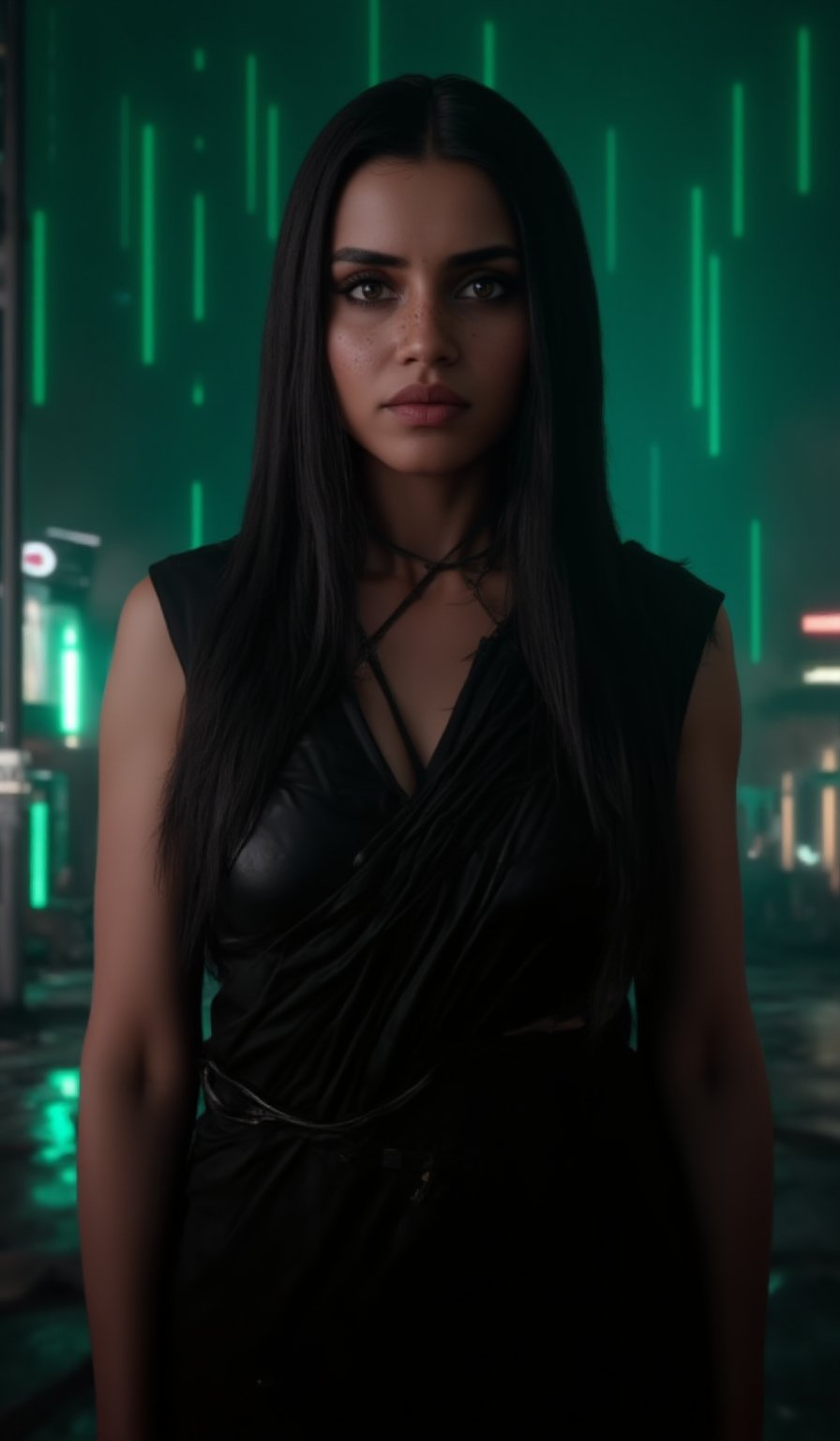 Prompt: A photorealistic portrait of an Indian woman in her late 20s with dark brown skin, long straight black hair, and sharp features. She is dressed in a sleek black saree with futuristic, tech-inspired accessories. Her eyes  giving her a mysterious, powerful look. The background is a dark, cyberpunk cityscape with green digital rain falling behind her, reminiscent of the Matrix. The lighting is low, with glowing neon lights reflecting off her leather outfit, enhancing the dramatic, action-movie atmosphere.,