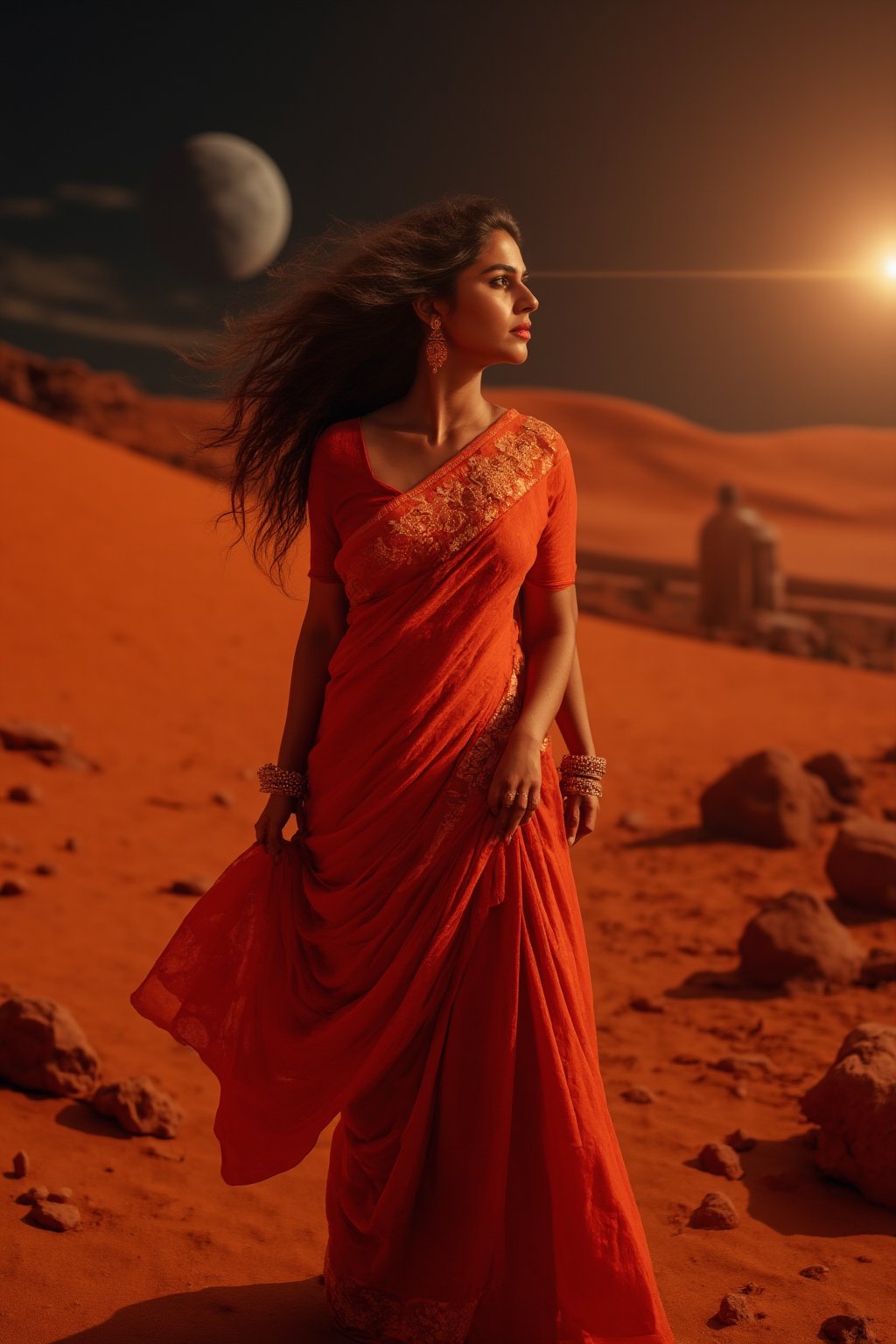 Mars Explorer in Traditional Attire
"A stunning Indian woman stands on the red, rocky surface of Mars, blending elements of her cultural heritage with futuristic technology. Mars rover near She wears a sleek saree, with glowing neon accents:1, customized to reflect traditional Indian motifs, such as intricate gold patterns and a sari-like drape over her shoulder. Her hair wave, mars effect, mars havy sand storm:1.4, revealing a radiant face with sharp, determined eyes. The harsh Martian environment contrasts with her beauty, while the backdrop features the dusty Martian landscape, distant planets, and a futuristic space colony on the horizon. The lighting is dramatic, with warm tones highlighting the red sands of Mars, creating a powerful, cinematic scene captured in ultra-realistic photography."

Details: face texture, perfect eyes, 5 finger on each hands, hair details, costume texture perfect, symmetry, Sharp background,